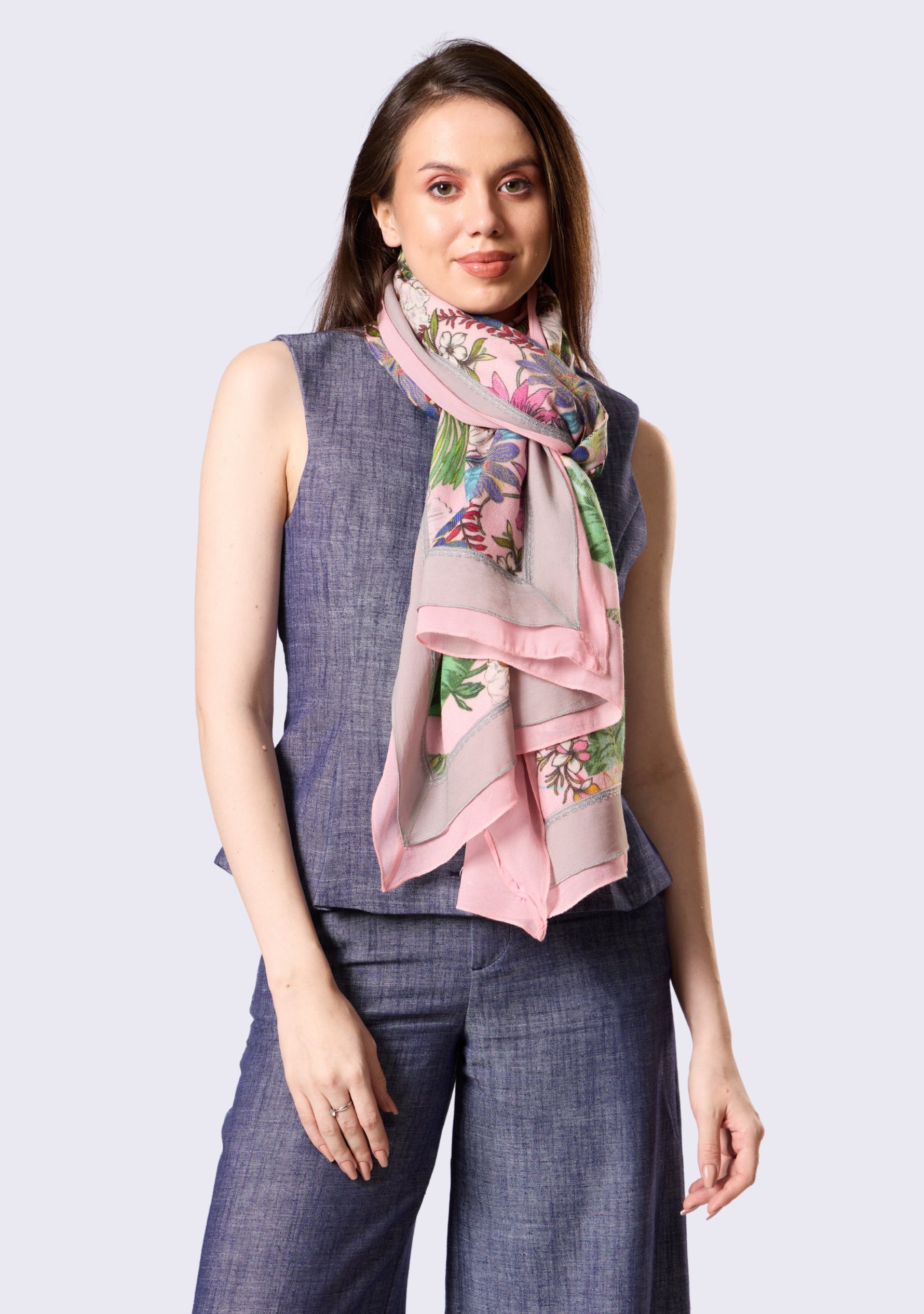 Pink Botanical Print Wool & Silk Scarf Pink & Mousse Double Georgette Border
