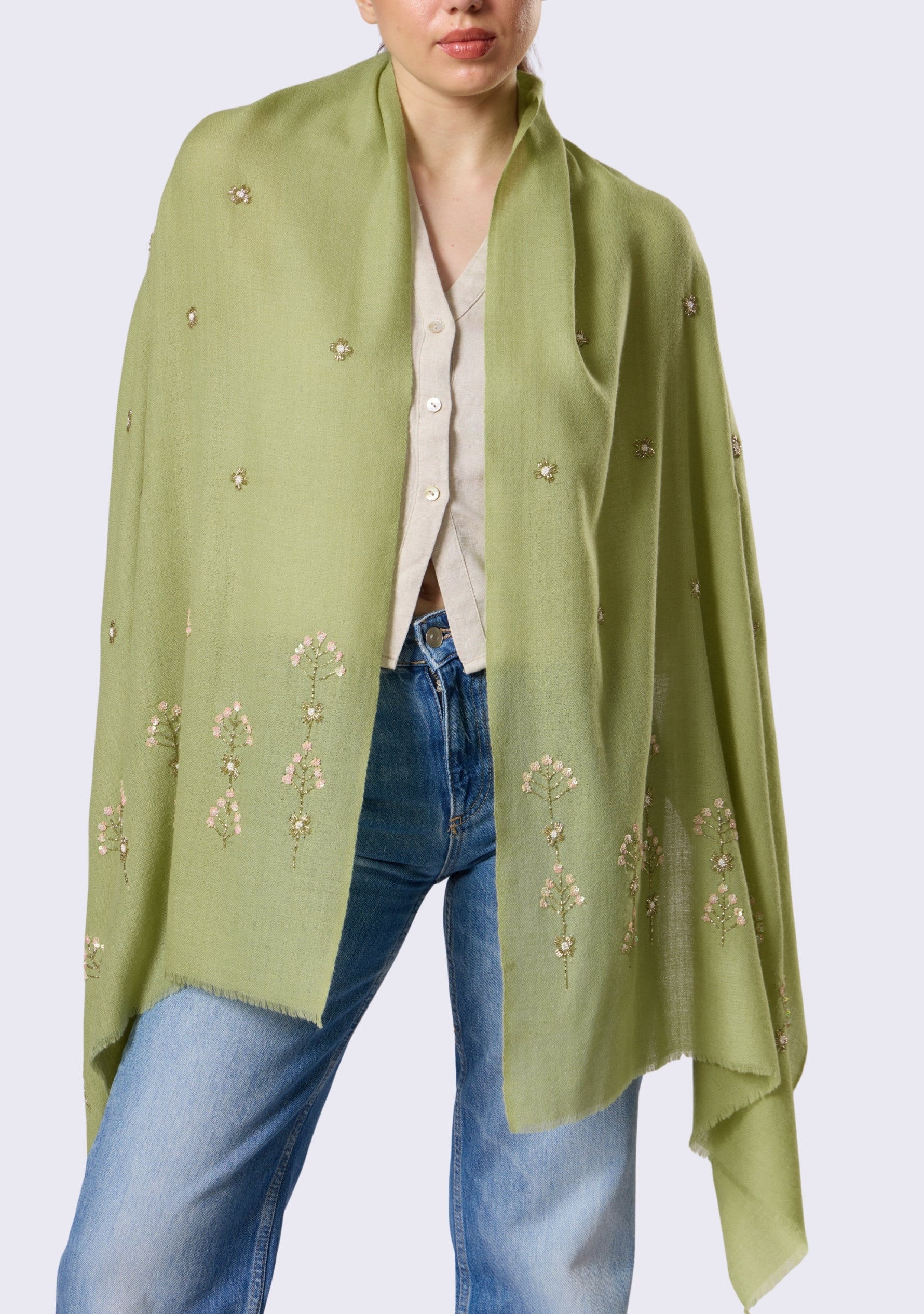 Fern Green Cashmere Scarf  Metallic Bead & Sequin Embroidery