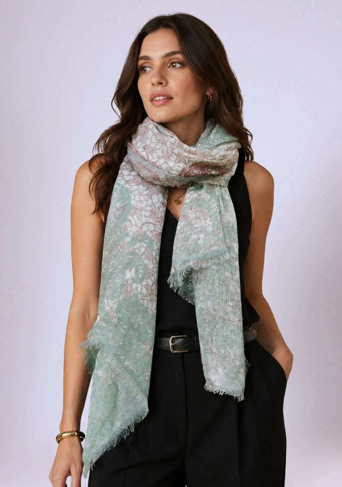 Sage Green & Copper Print Linen Scarf 
Sage Green Lace