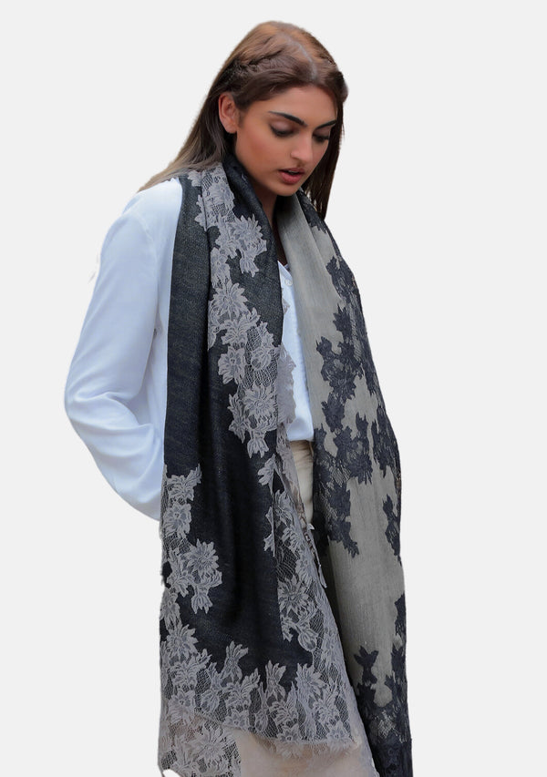Dual Color Black and Taupe Reversible Wool and Silk Scarf with Dual Color Black and Taupe Floral Lace Application and Border