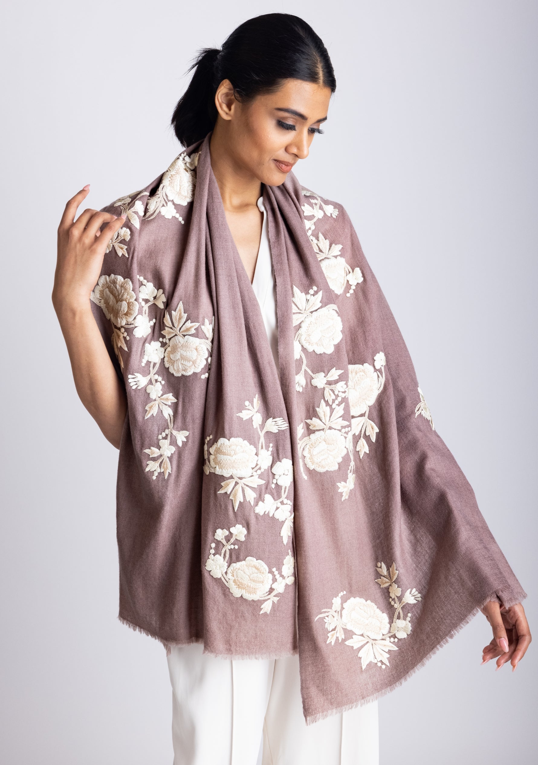 Copper Cashmere Scarf
Ivory & Beige Embroidery