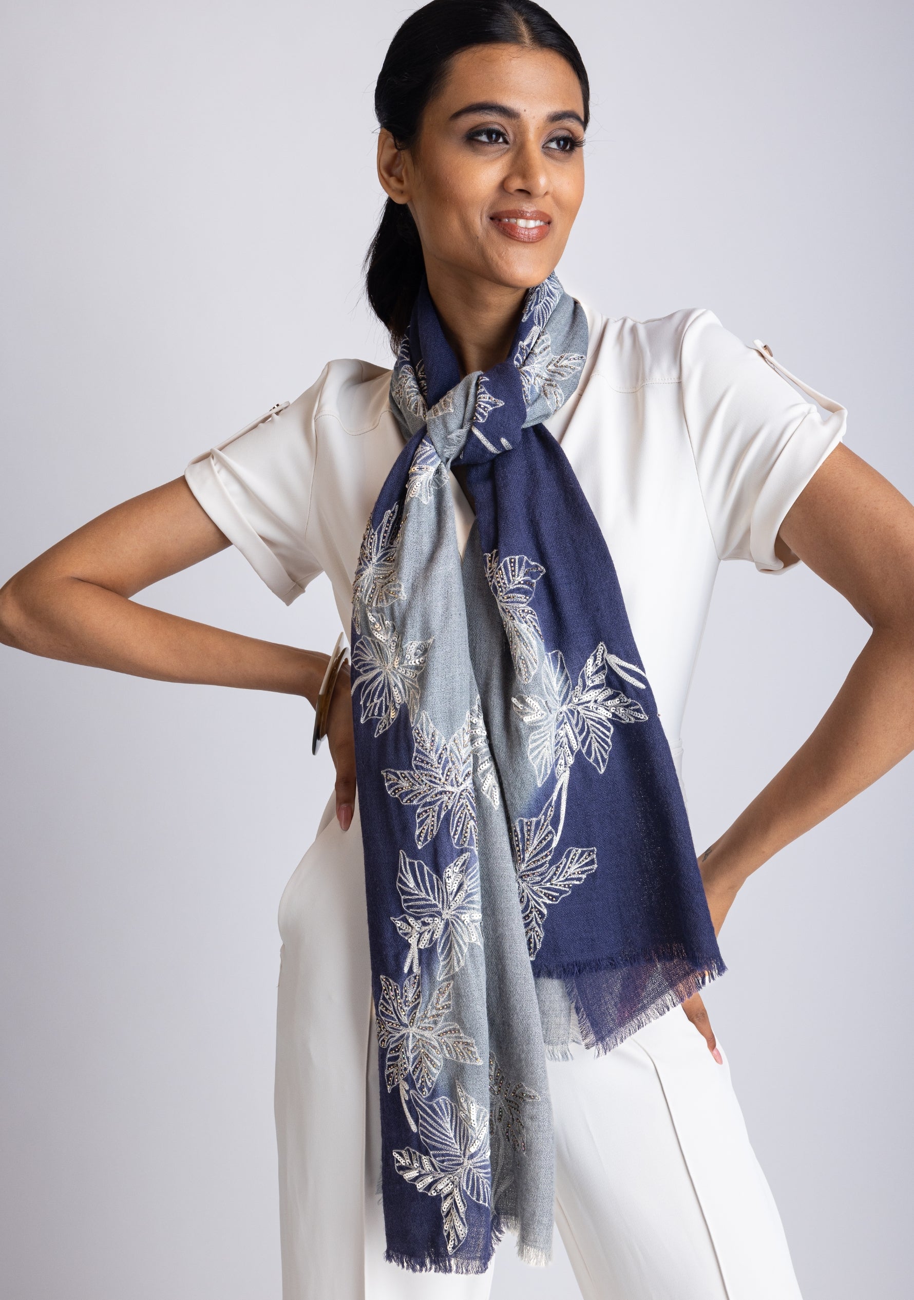 Navy Blue and Steel Grey Ombre Cashmere Scarf with a Silver Sequin and Metalic Leaf Embroidery