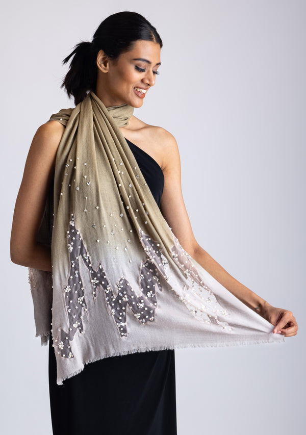 Mousse-Khaki Ombre Cashmere Scarf with Silver Rhinestones and White Pearls