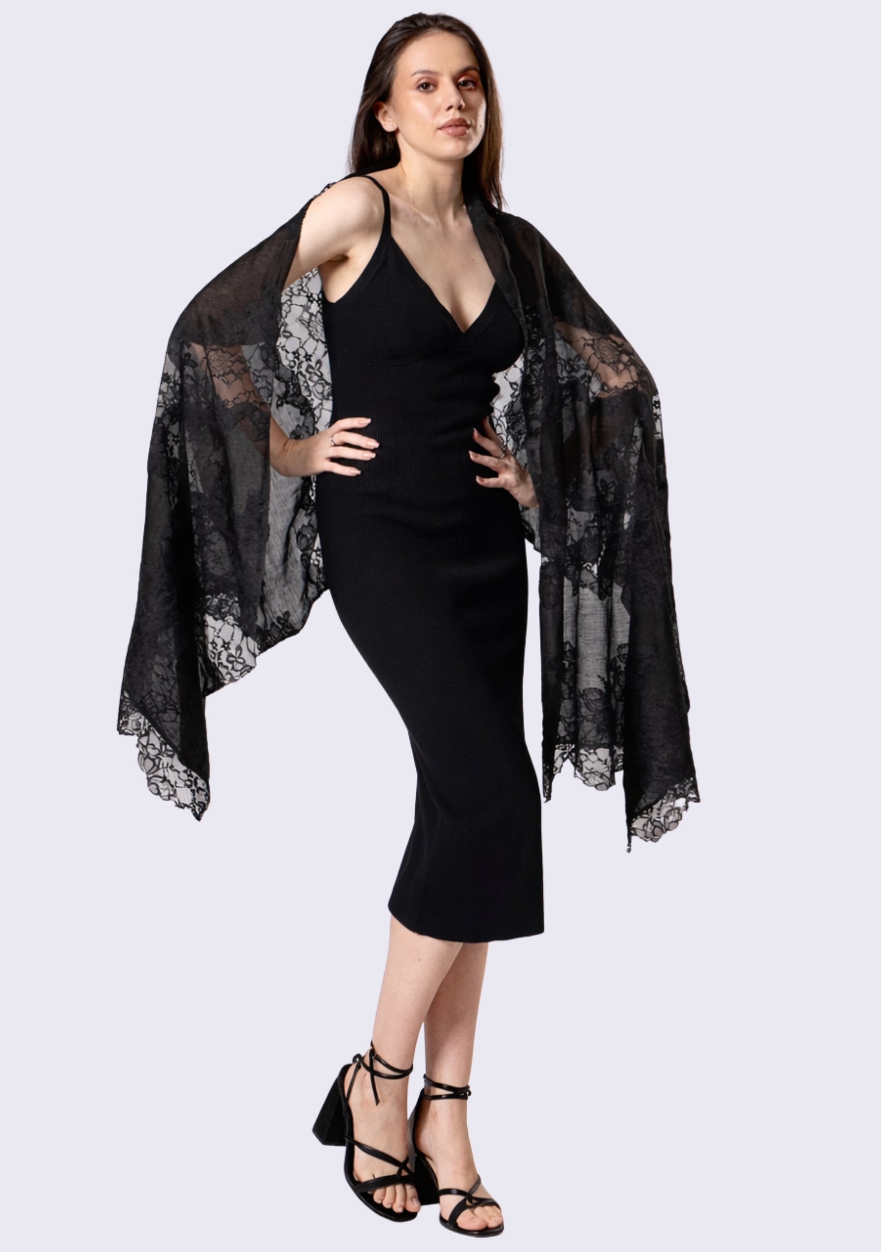 Black Linen & Modal Scarf  Black Lace Panels