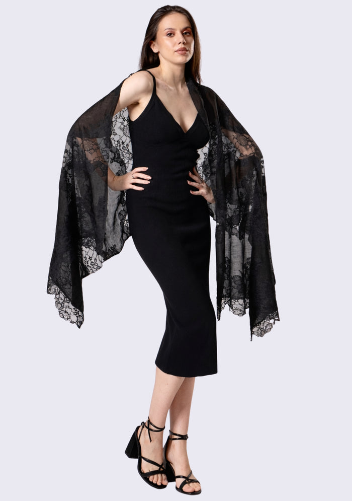 Black Linen & Modal Scarf  Black Lace Panels