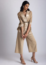 Natural Cashmere Scarf with a Beige Border Embroidery and Natural Lace Edging