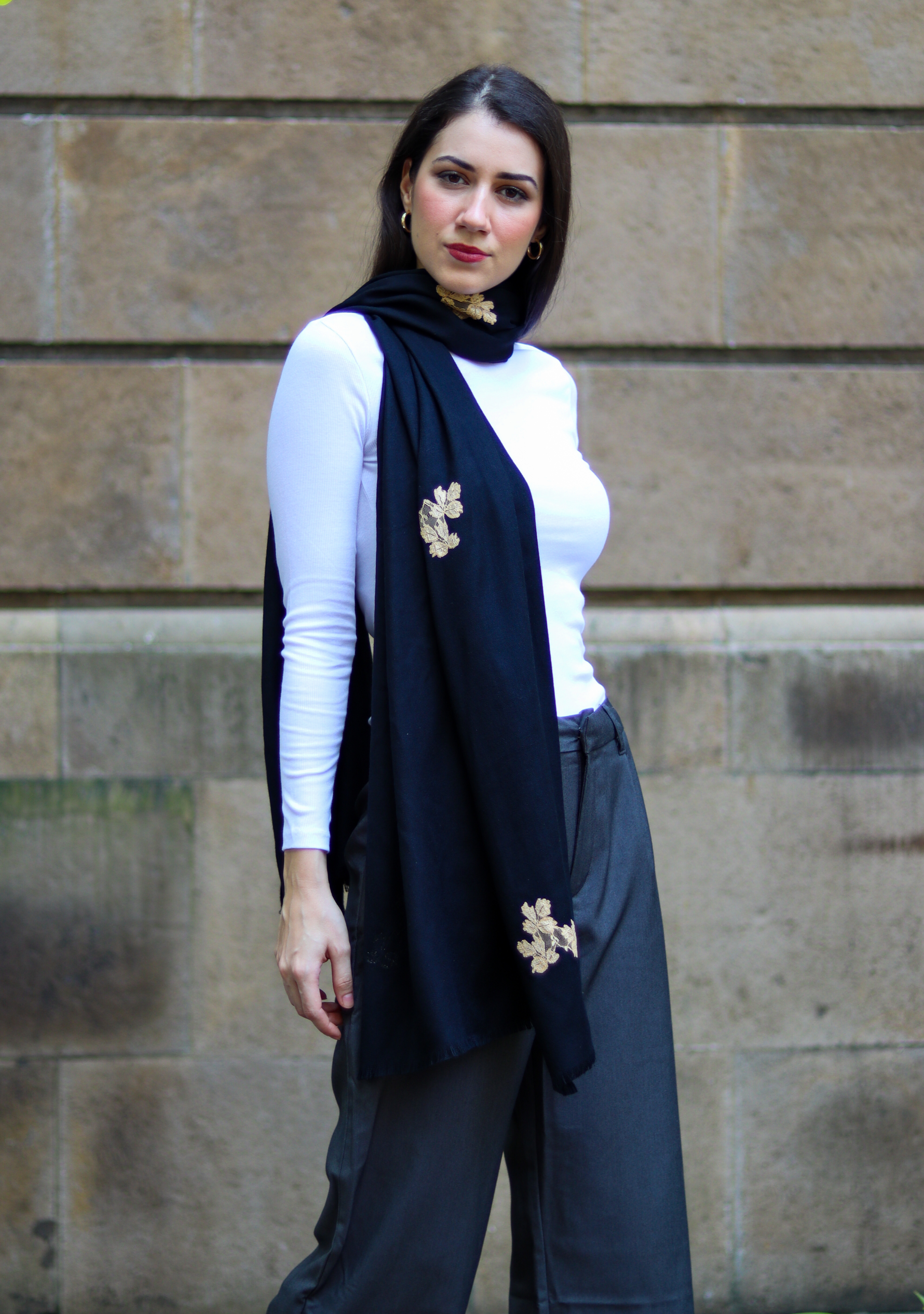 Black Wool Scarf with Gold Leaf Lace Appliques