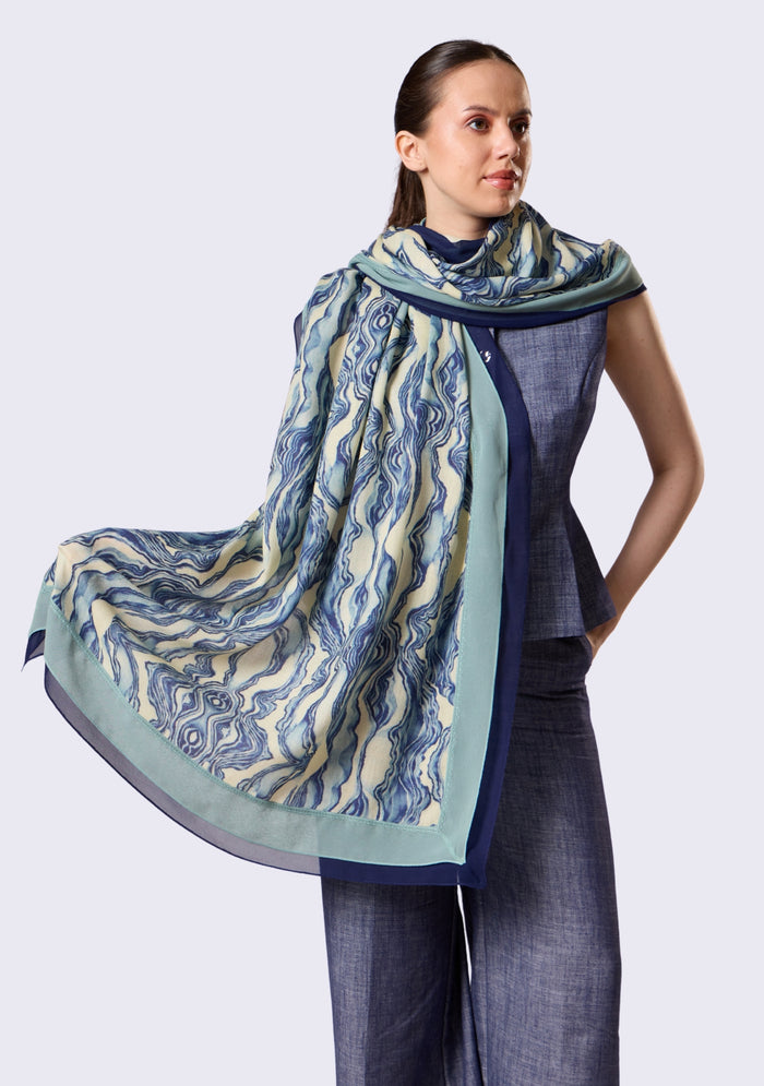 Blue Abstract Print Wool & Silk Scarf Navy Blue & Sea Green Double Georgette Border