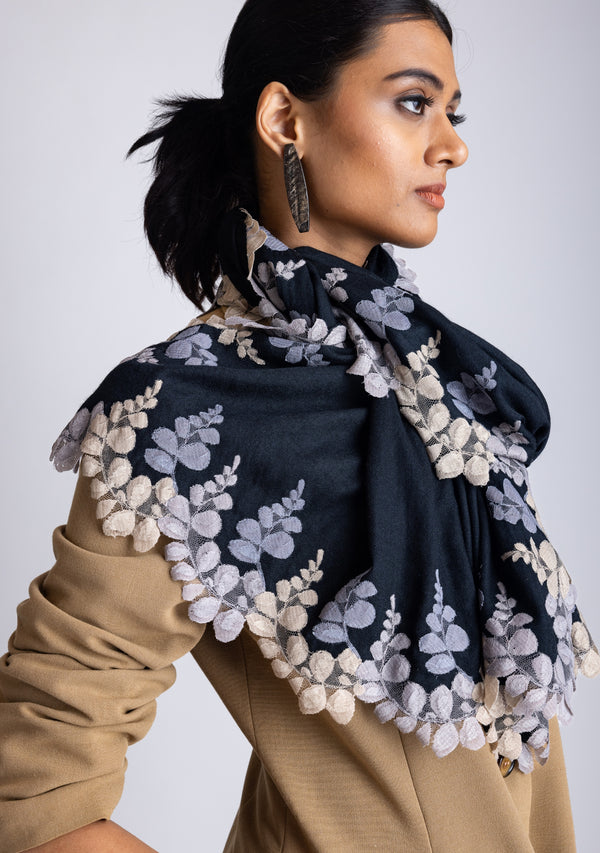 Black Wool and Silk Scarf with Mousse, Dk. Grey and Natural Triple Scalloped Lace Border