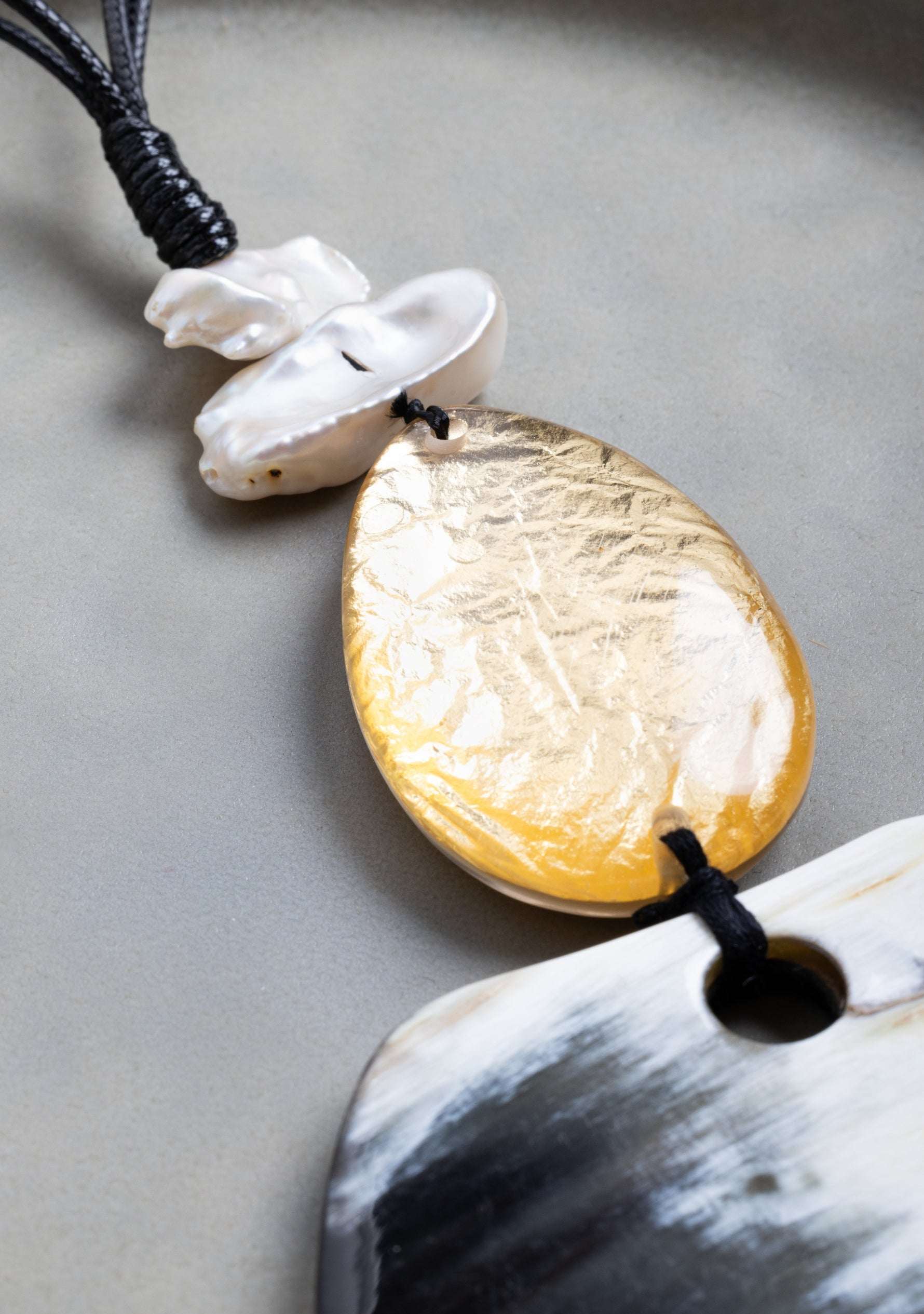 Black Cord with White Baroque Pearls, Natural-Gold Resin & Black-White Buffalo Horn Pendant Necklace jewelry
