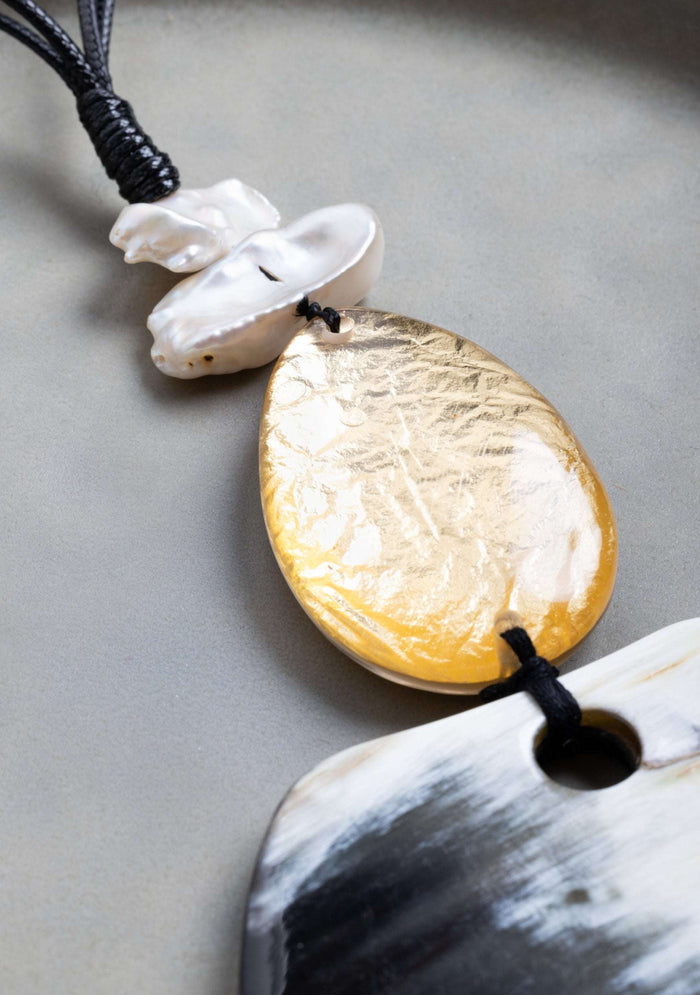 Black Cord with White Baroque Pearls, Natural-Gold Resin & Black-White Buffalo Horn Pendant Necklace jewelry
