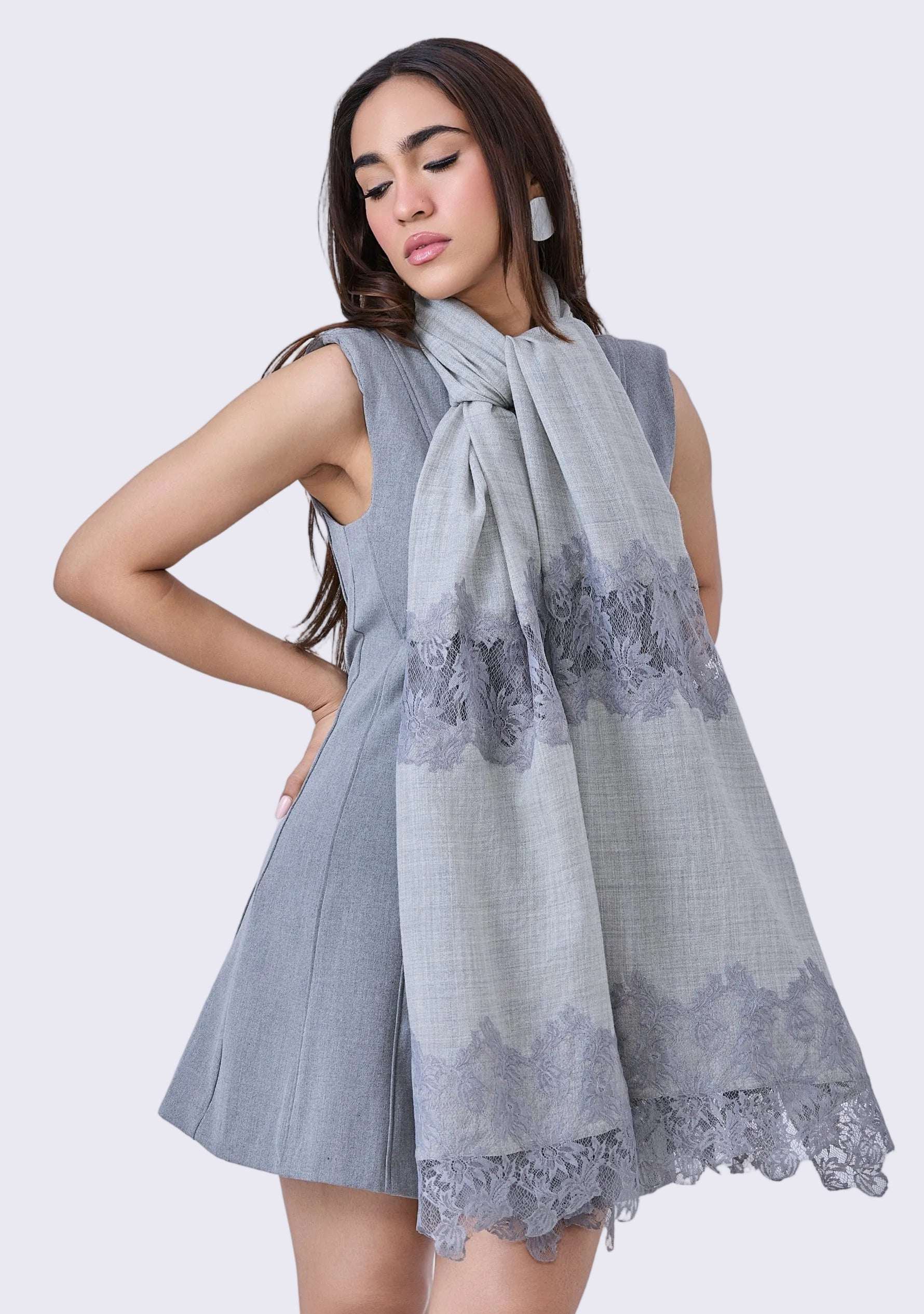 Lt. Gray Melange Wool & Silk ScarfDk. Gray Lace