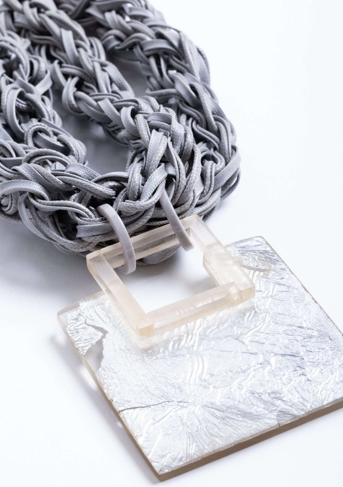 Braided Gray Cord with a Square Silver Resin Pendant Necklace jewelry