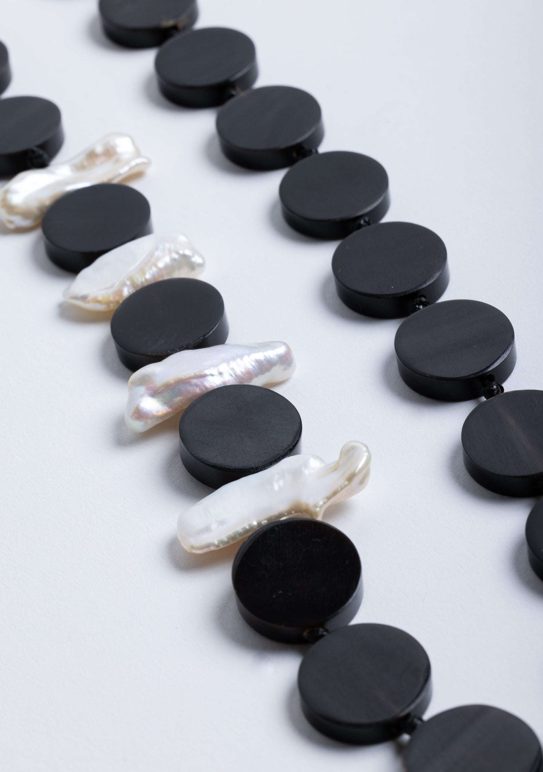 Black Buffalo Horn Disk, White Shell Disk & White Baroque Pearl Necklace jewelry