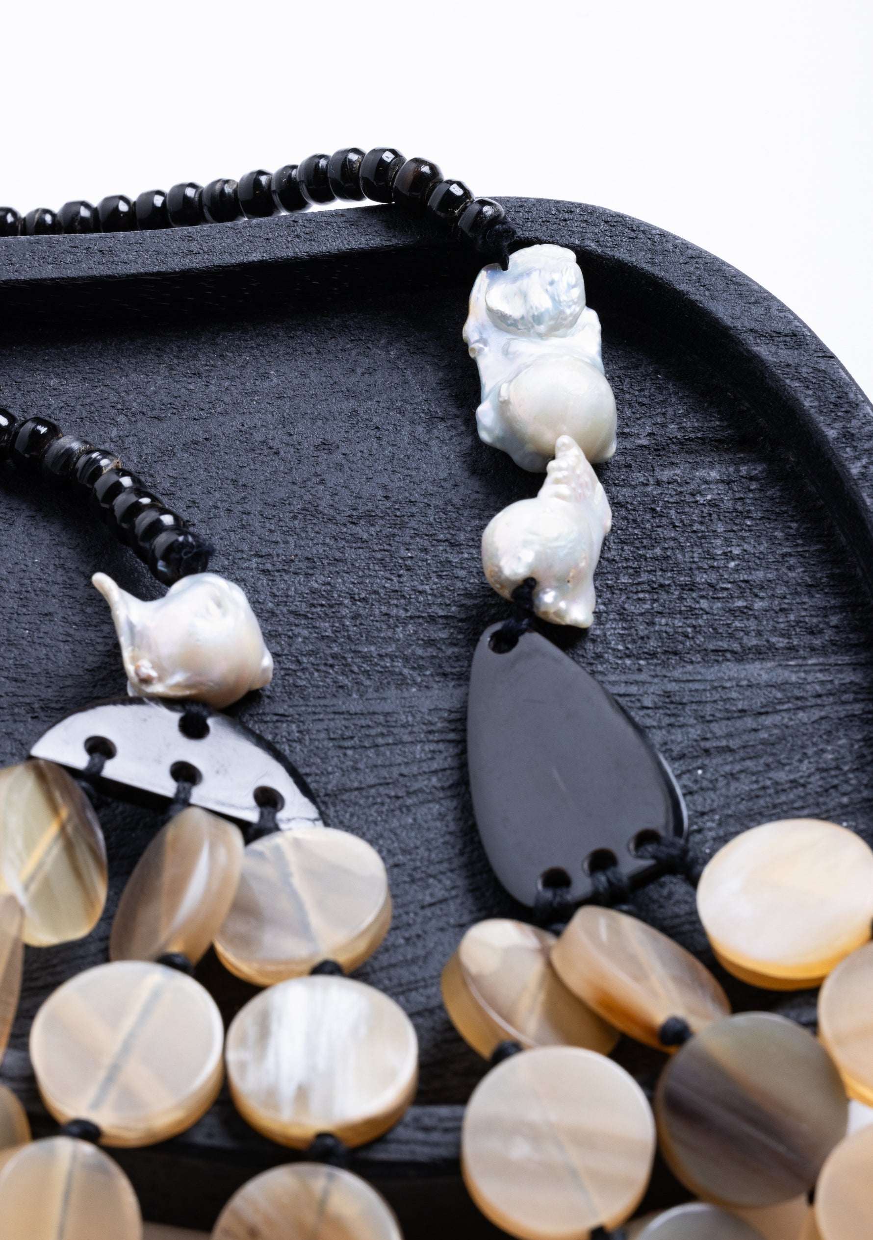 3-Layer Natural Buffalo Horn Disk Necklace with Black Buffalo Horn Beads & White Baroque Pearls jewelry
