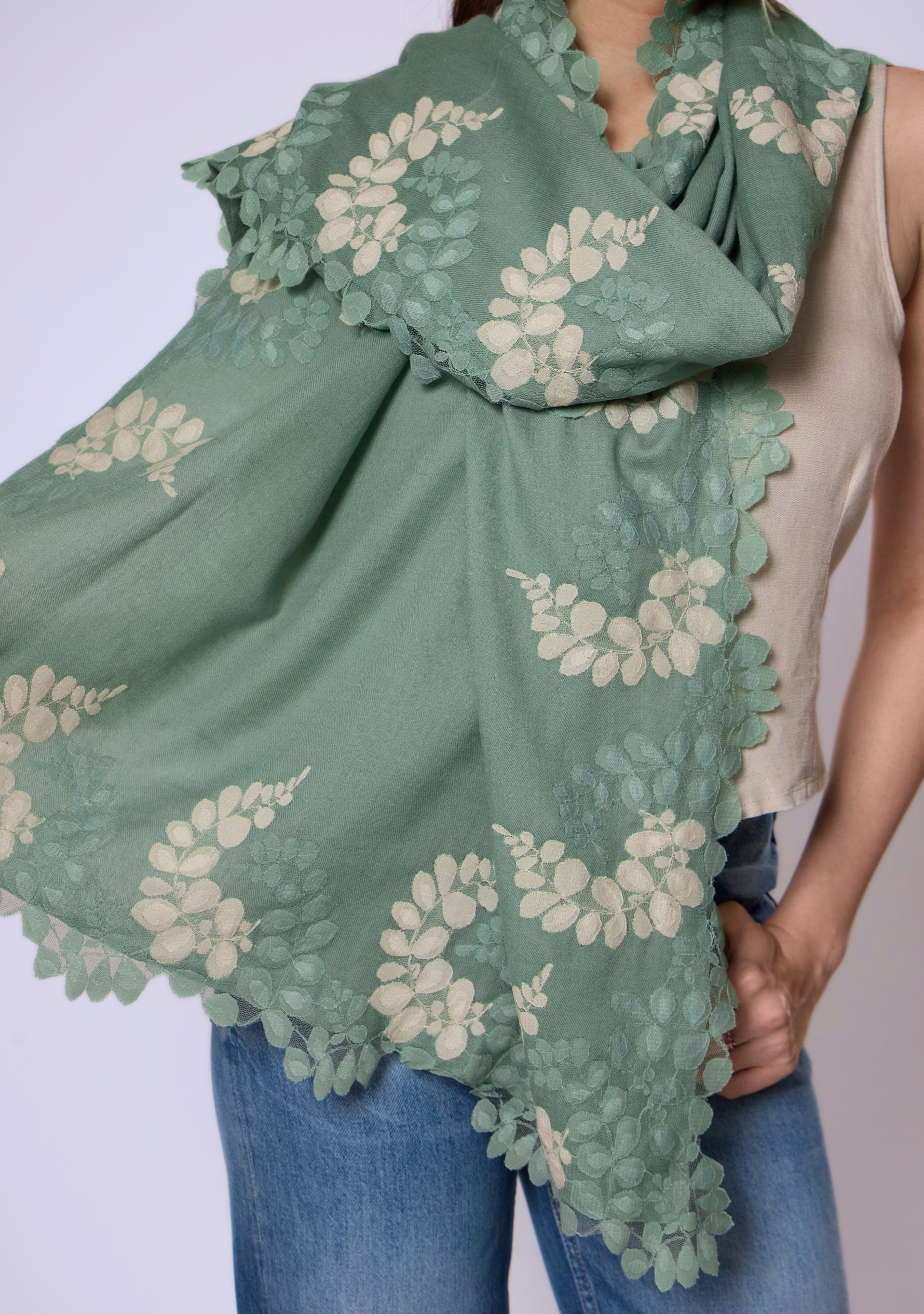 Sage Green Silk & Wool Scarf 
Sage Green & Beige Lace