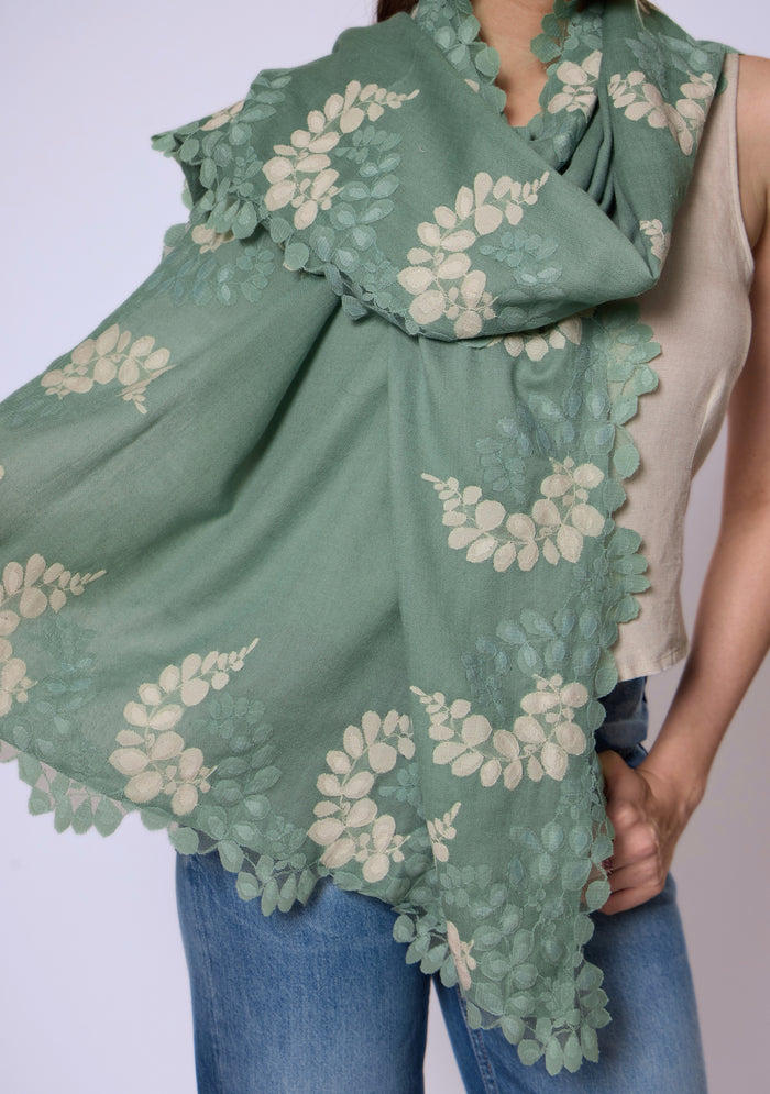 Sage Green Silk & Wool Scarf 
Sage Green & Beige Lace