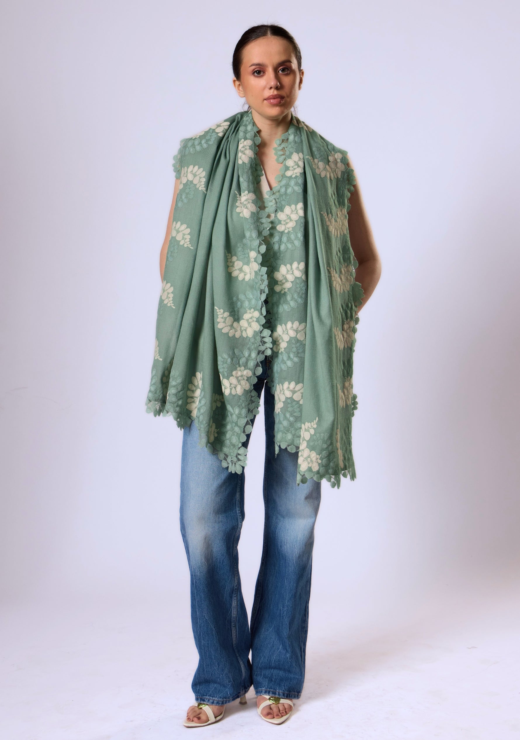 Sage Green Silk & Wool Scarf 
Sage Green & Beige Lace