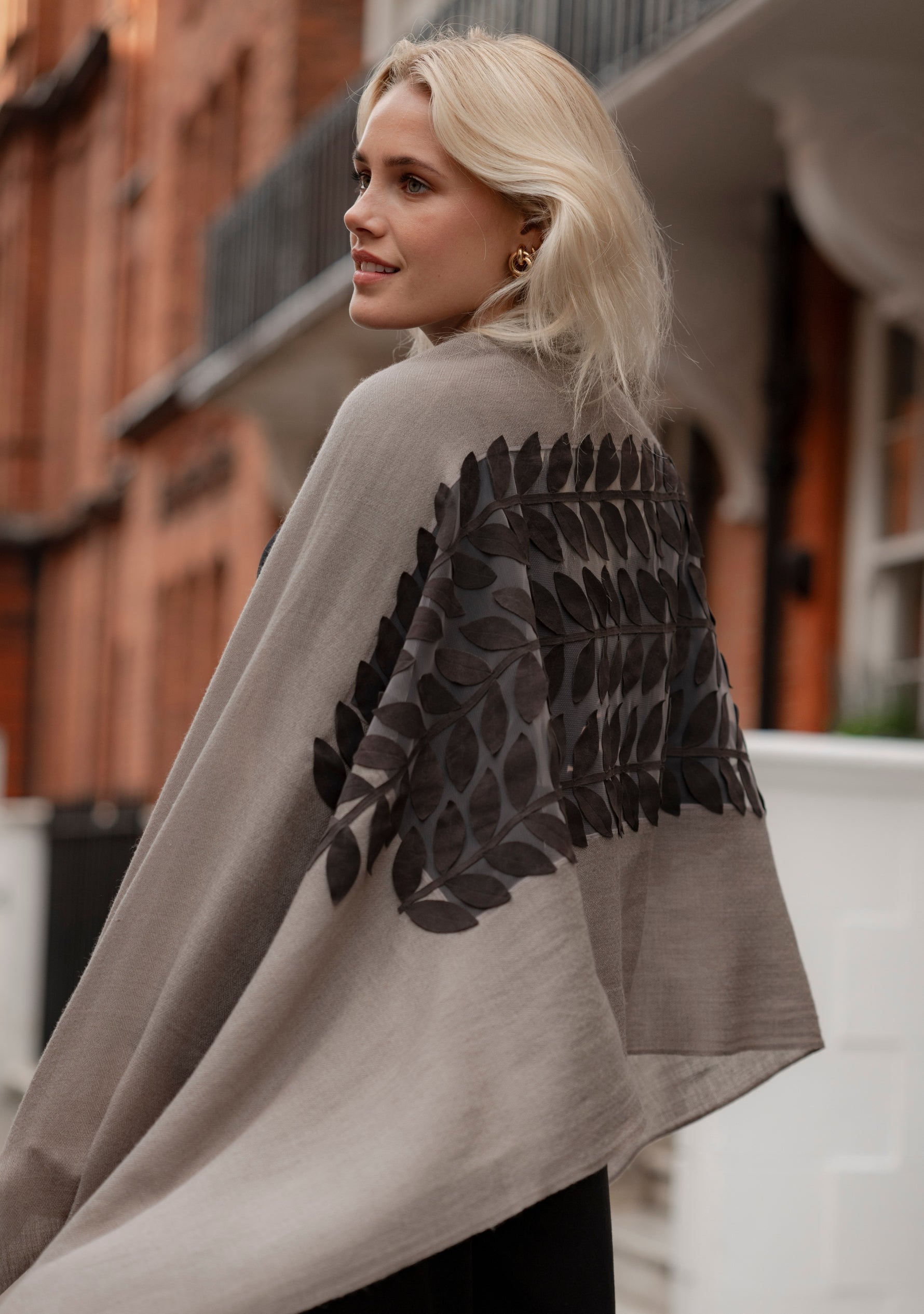 Mousse Cashmere Scarf with Charcoal Suede Leather Leaf Appliqué Center Patch