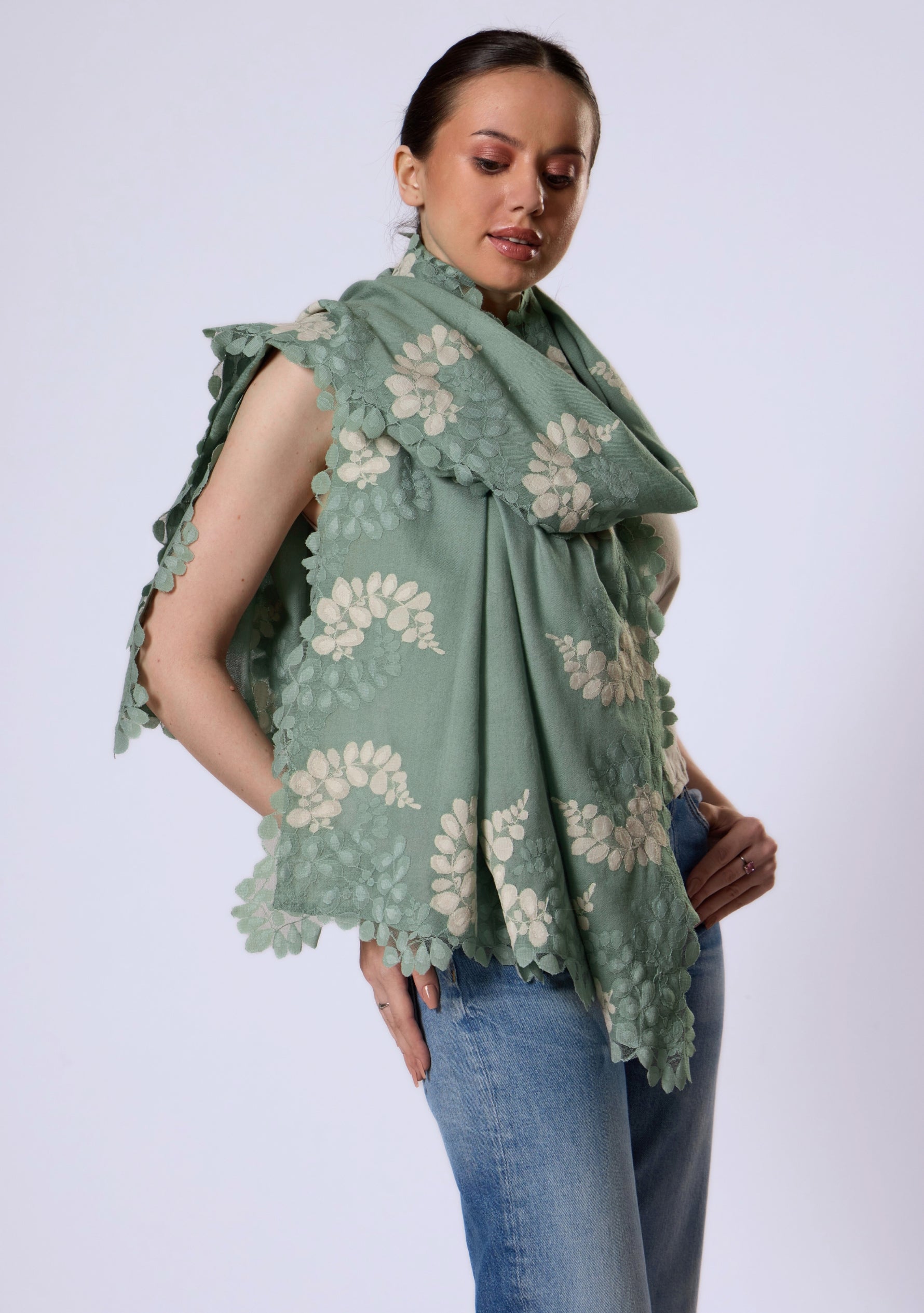 Sage Green Silk & Wool Scarf 
Sage Green & Beige Lace