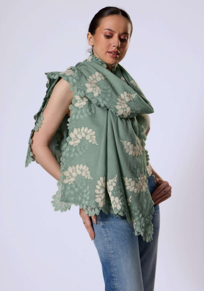 Sage Green Silk & Wool Scarf 
Sage Green & Beige Lace
