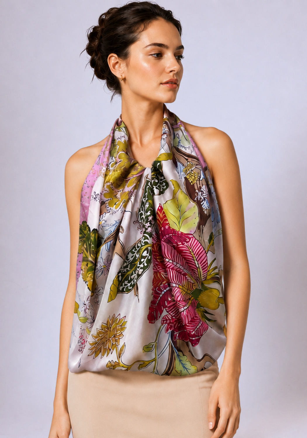 Multi-colored Jacobean Print Silk Scarf Pink Swarovski Crystals
