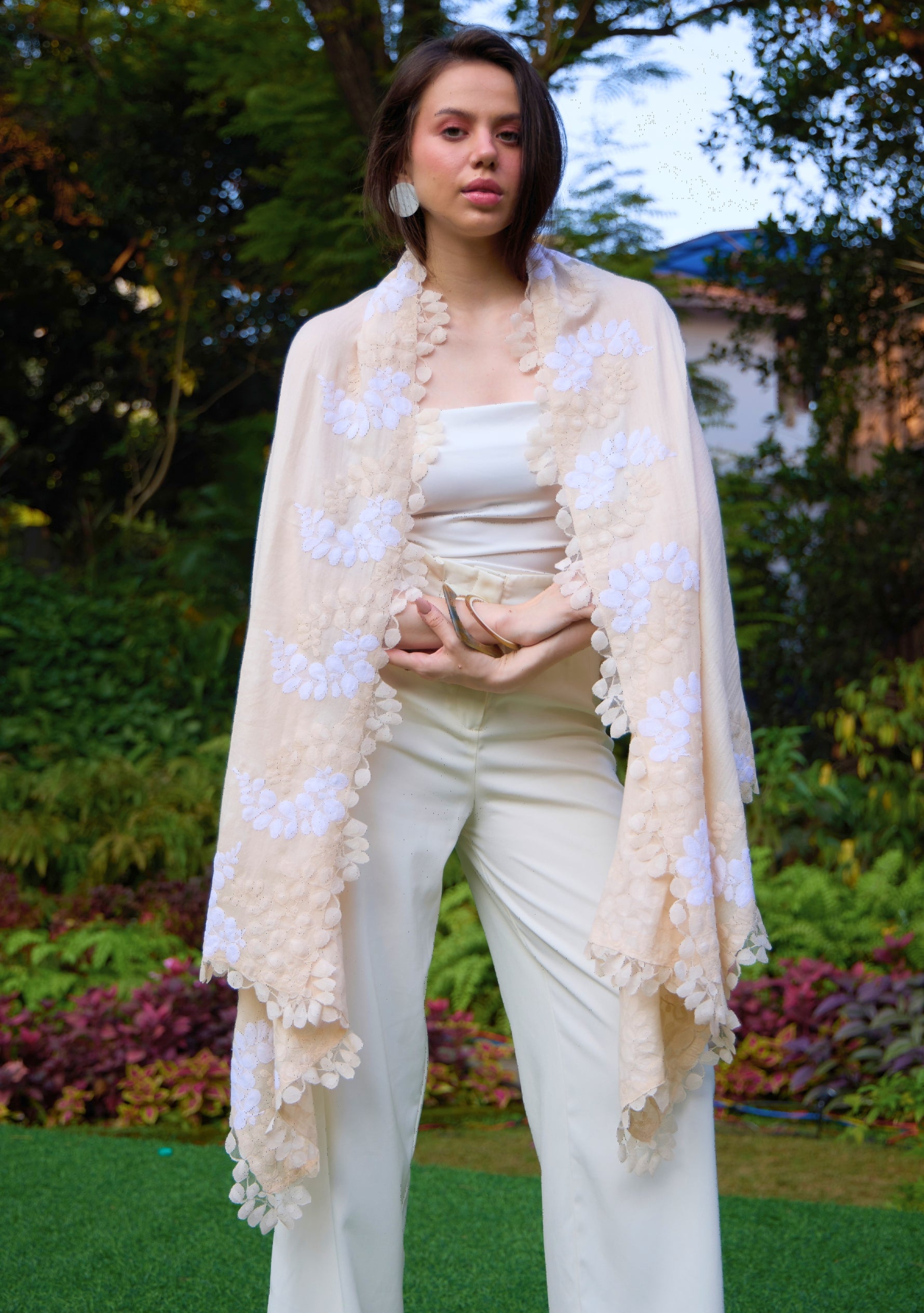 Beige Silk & Wool Scarf Beige & Ivory Lace