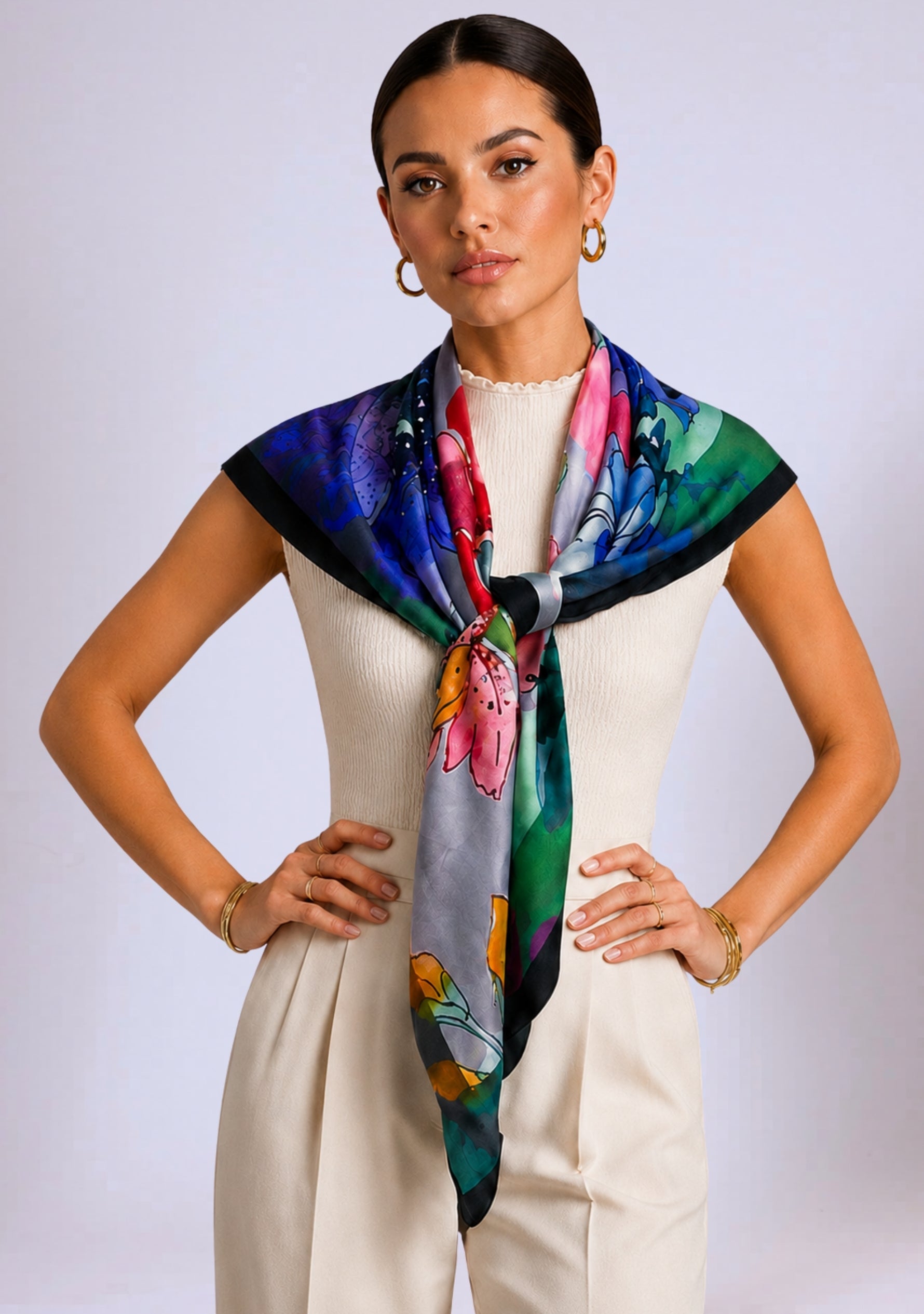 Poppy Field Print Silk Square Scarf Gunmetal & Silver Swarovski Crystals