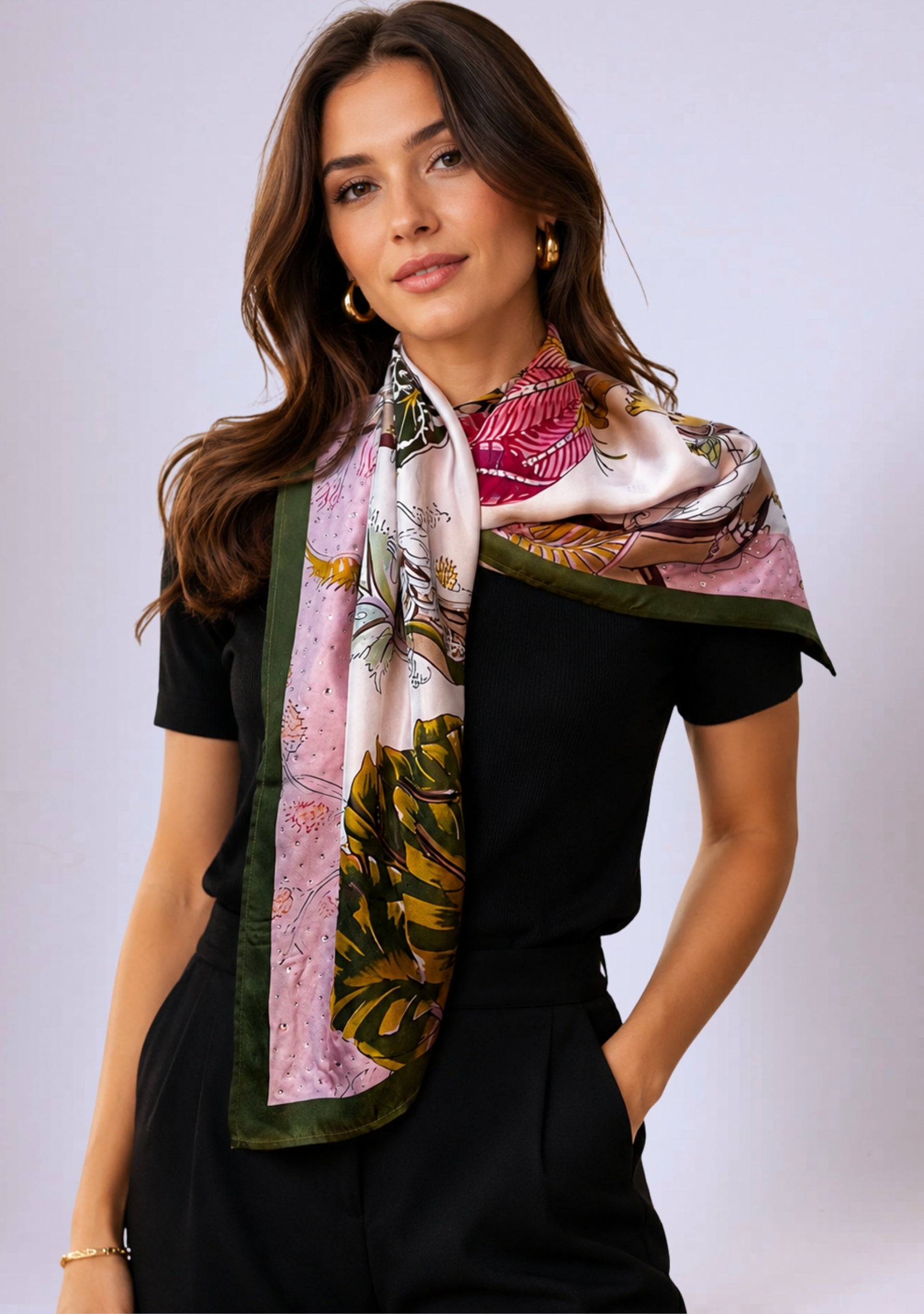 Multi-colored Jacobean Print Silk Scarf Pink Swarovski Crystals