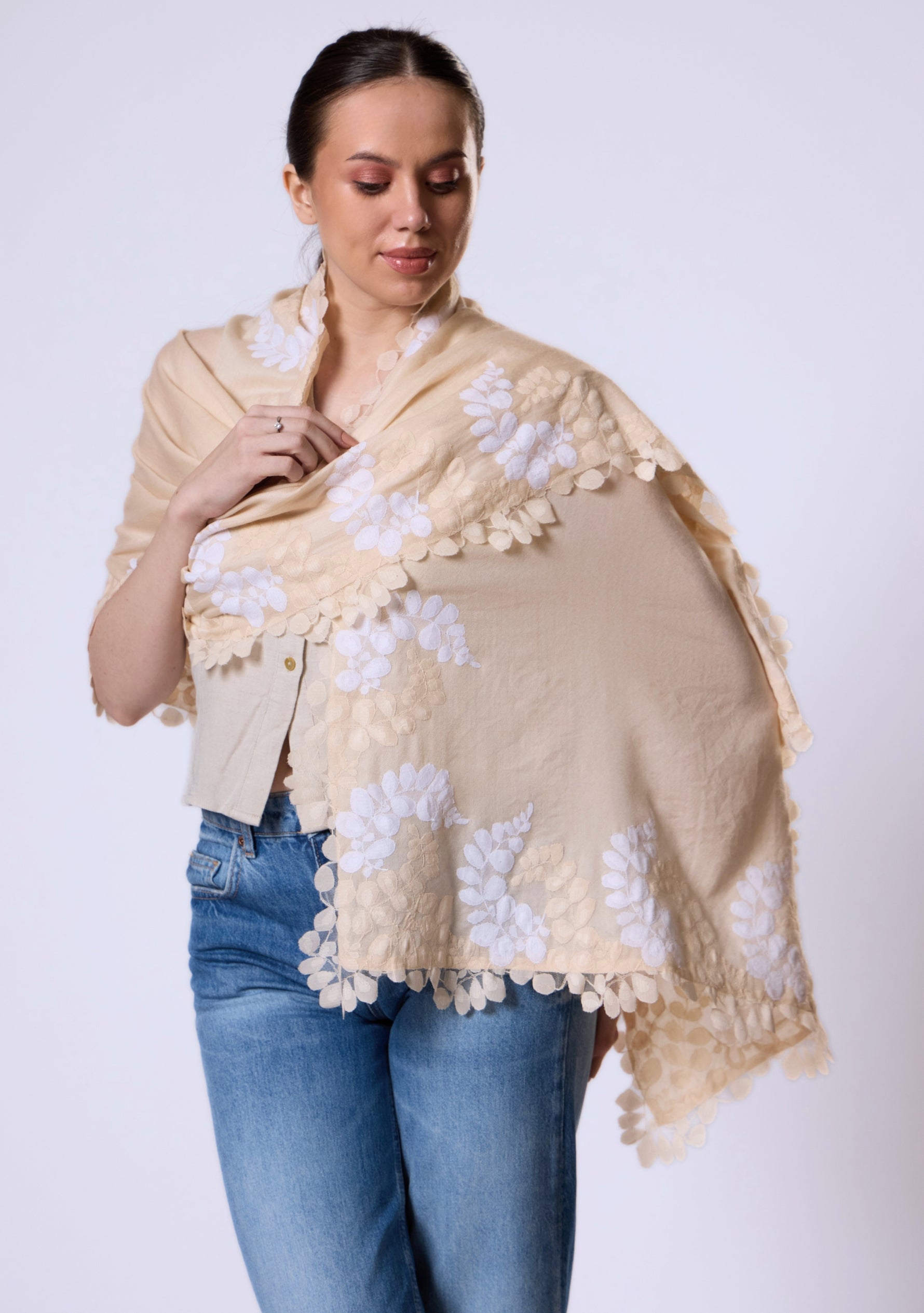 Beige Silk & Wool Scarf Beige & Ivory Lace