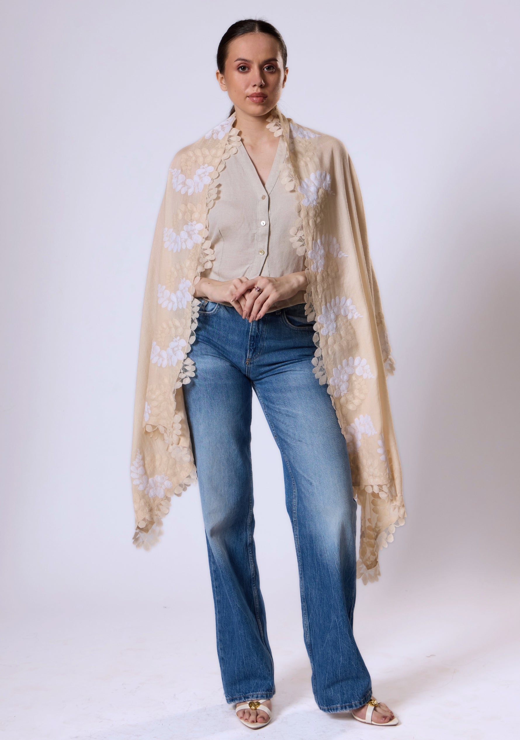 Beige Silk & Wool Scarf Beige & Ivory Lace