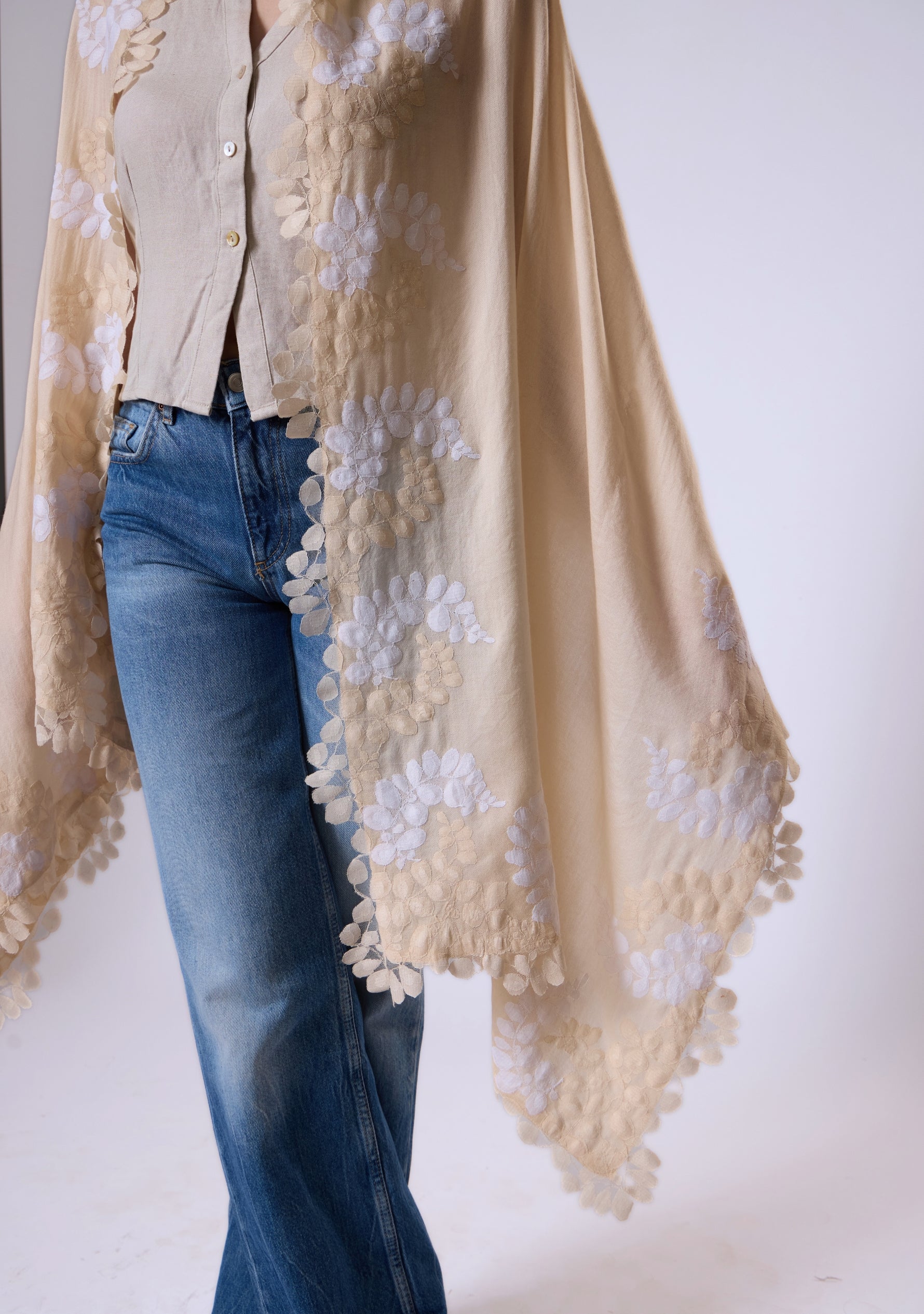 Beige Silk & Wool Scarf Beige & Ivory Lace