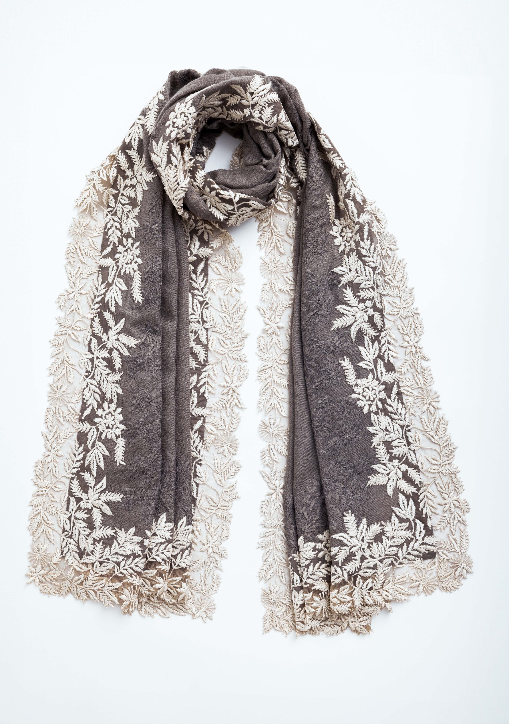 Mousse Cashmere Scarf with an Ivory Leaf Embroidery Border and Mousse Floral Lace Inset