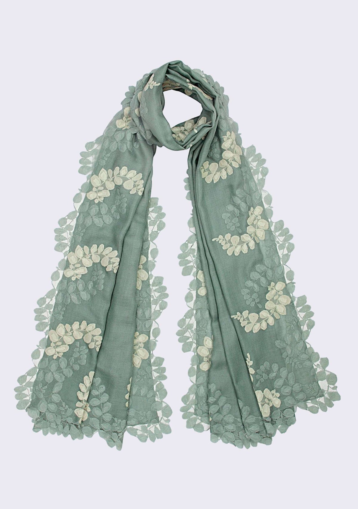 Sage Green Silk & Wool Scarf 
Sage Green & Beige Lace
