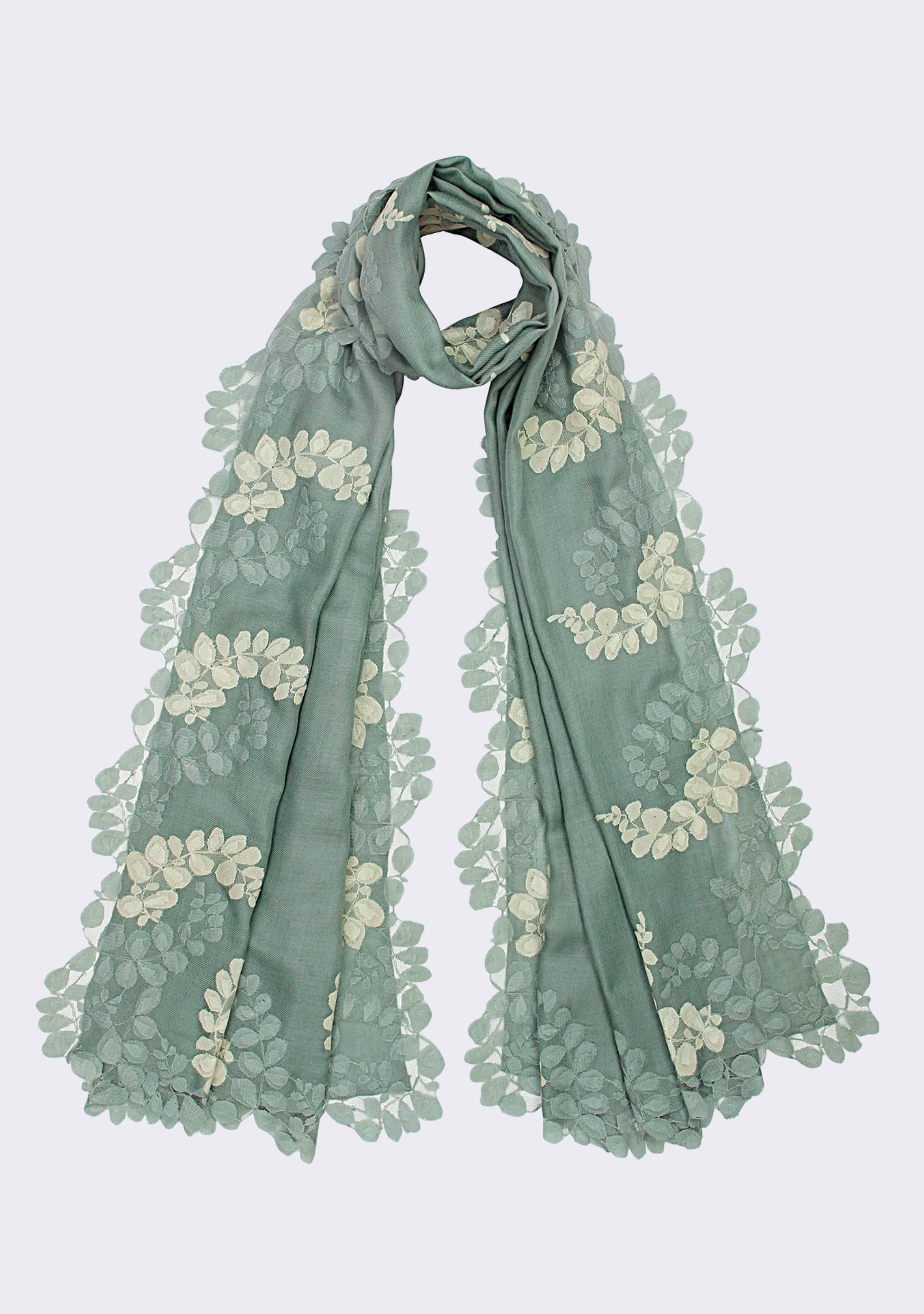 Sage Green Silk & Wool Scarf 
Sage Green & Beige Lace