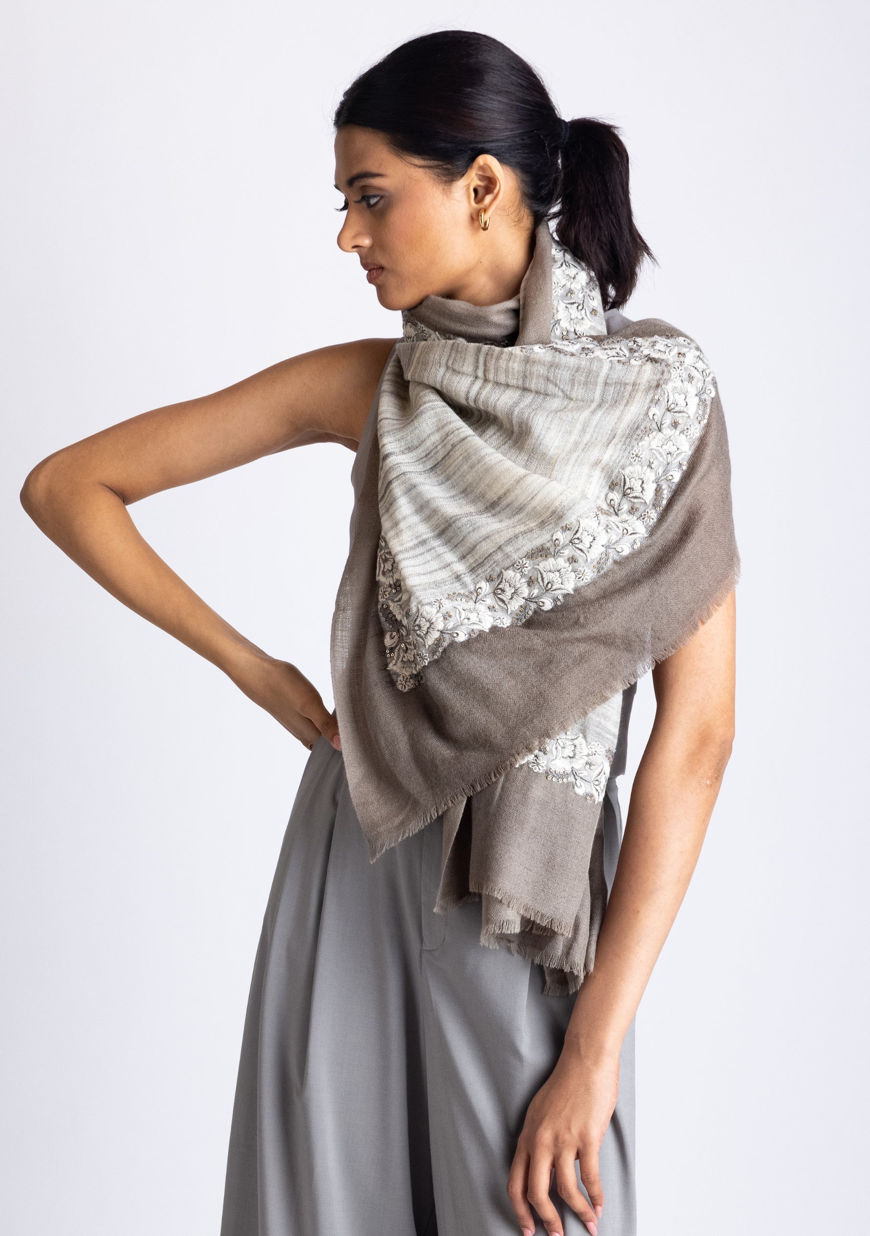 Multi-Striped Wool and Silk Scarf with an Ivory-Grey Embroidery and Grey Frame Border