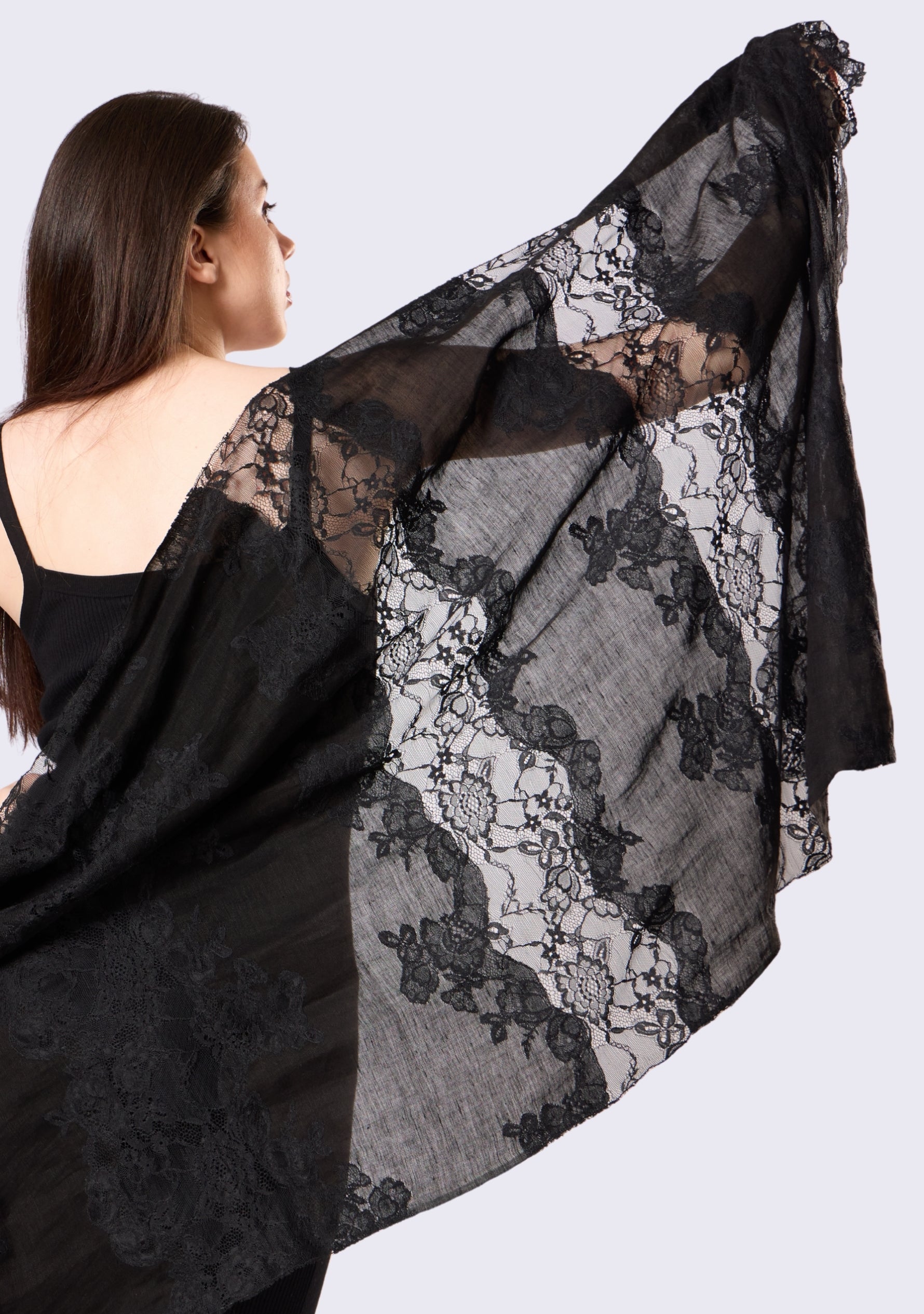 Black Linen & Modal Scarf  Black Lace Panels