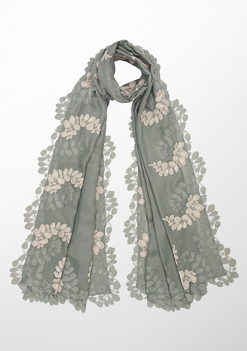 Sage Green Silk and Wool Scarf with a Sage Green and Beige Double Scalloped Lace Border