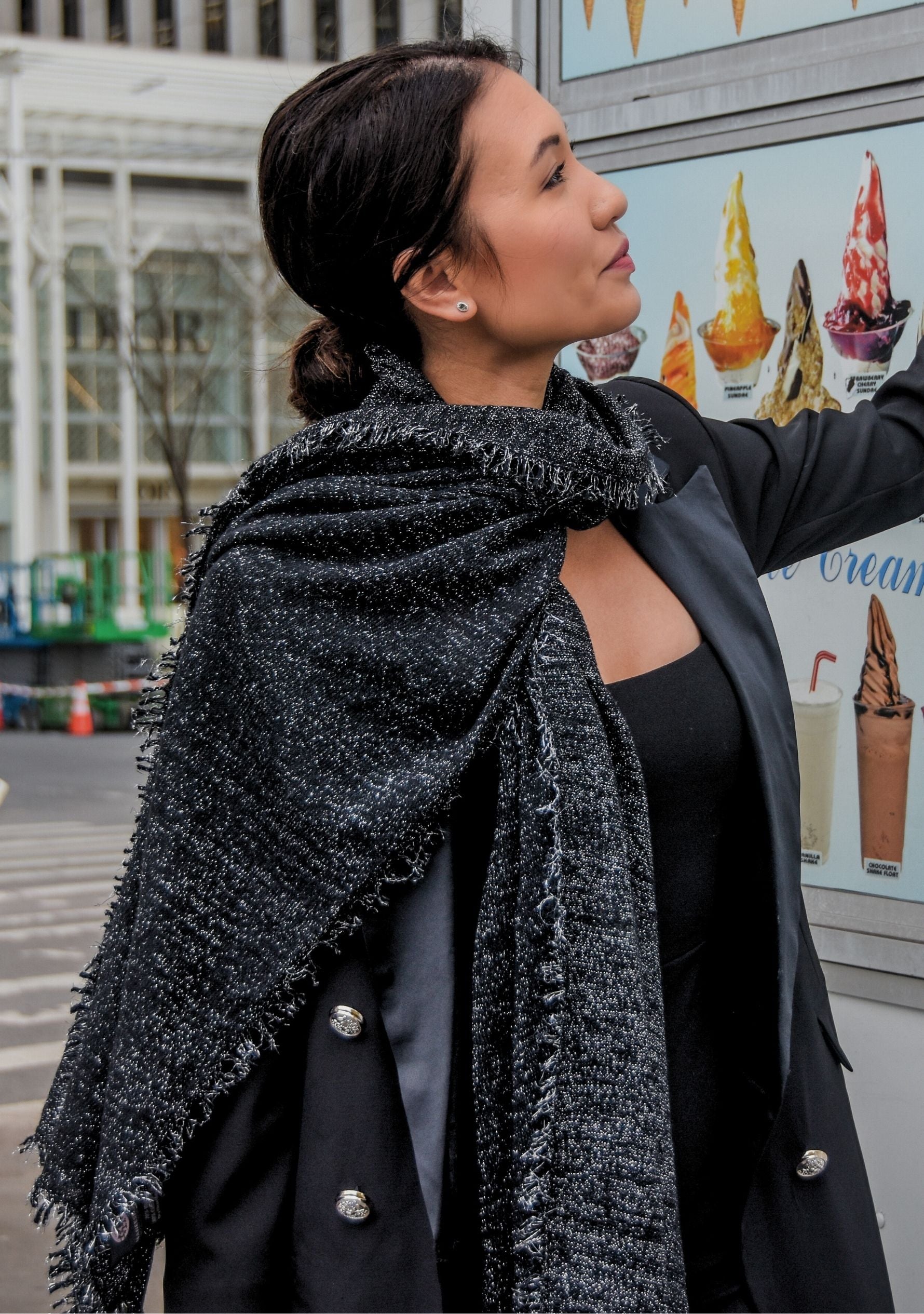 Black Knitted Fine Wool & Cashmere Wrap Silver Lurex