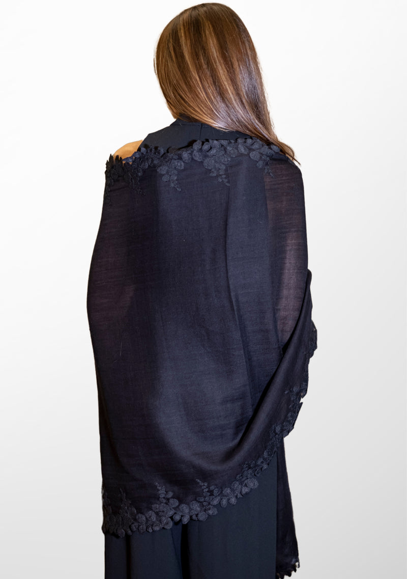 Black Silk and Wool Scarf with a Black Scalloped Lace Border