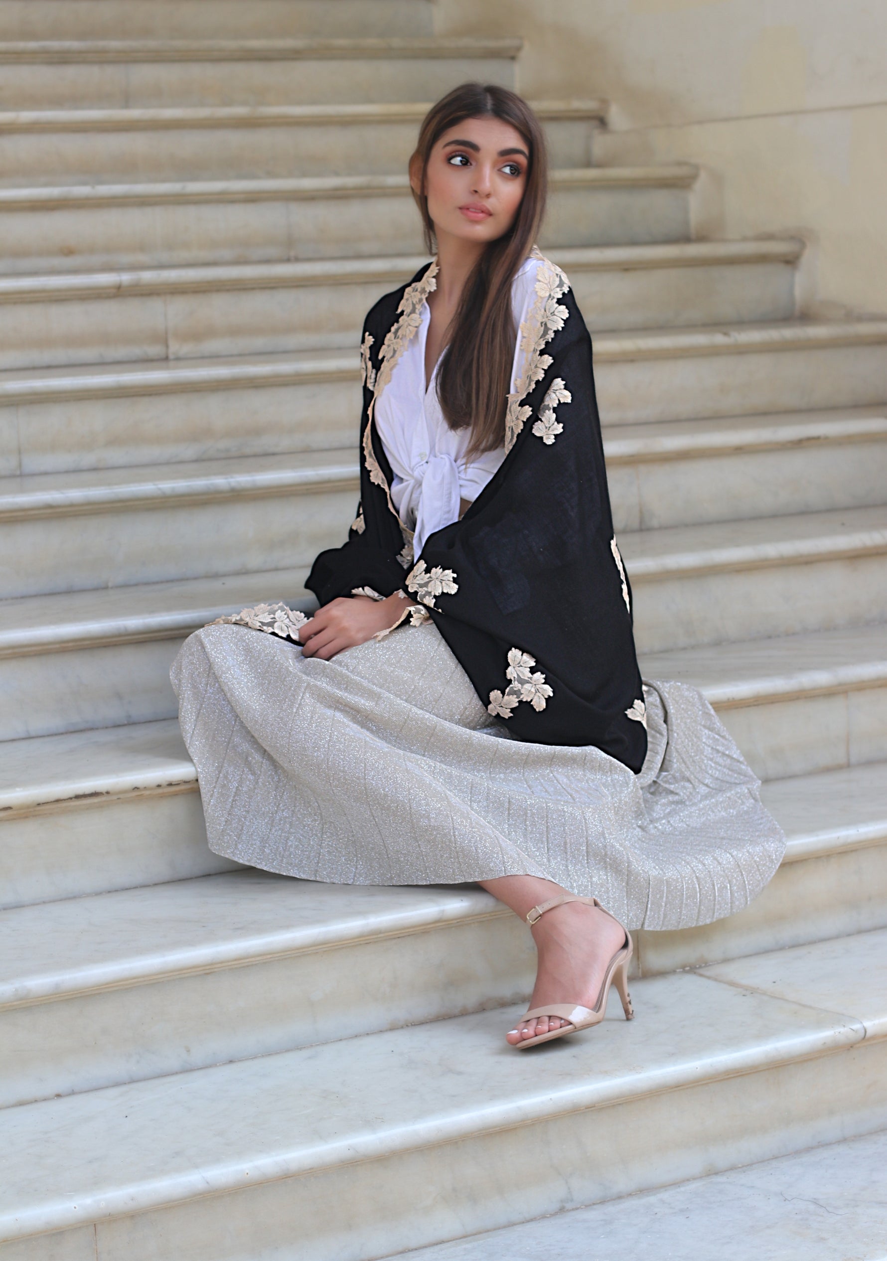 Black Silk and Wool Scarf with a Lt. Gold Leaf Lace Applique & Border