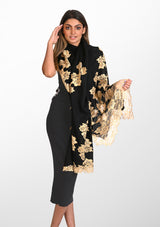 Black Cashmere Scarf with Gold Chantilly Lace