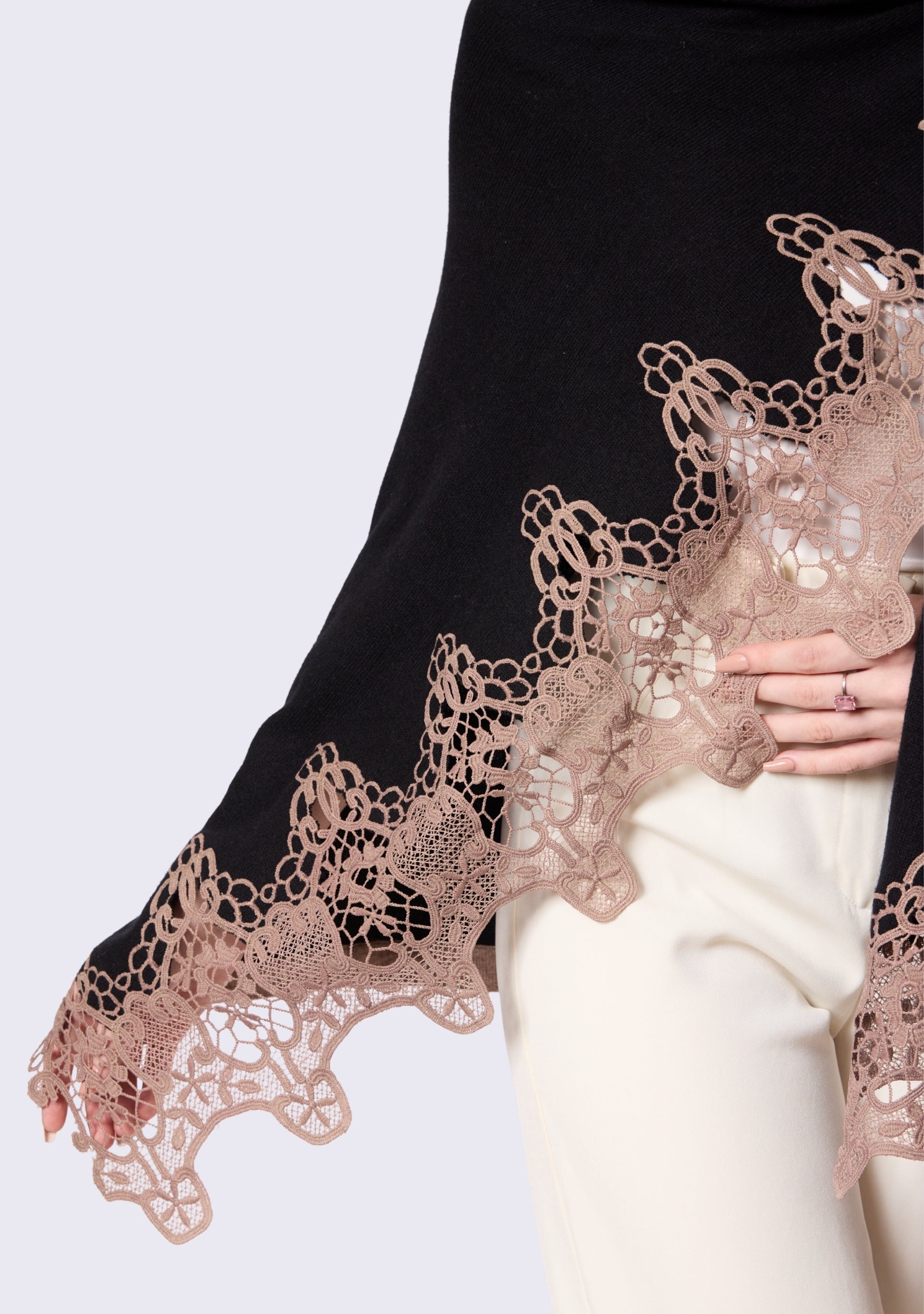 Black Wool Cape  Taupe Lace
