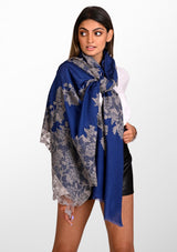Denim Blue Silk And Wool Scarf with a Mousse Lace Application