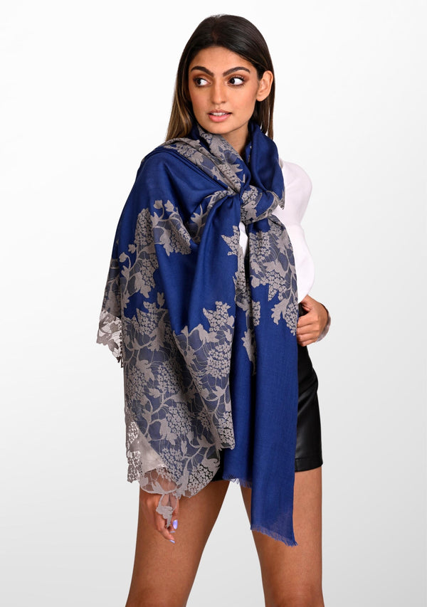 Denim Blue Silk And Wool Scarf with a Mousse Lace Application