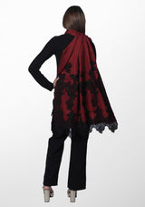 Burgundy Wool and Silk Scarf with Black Floral Lace