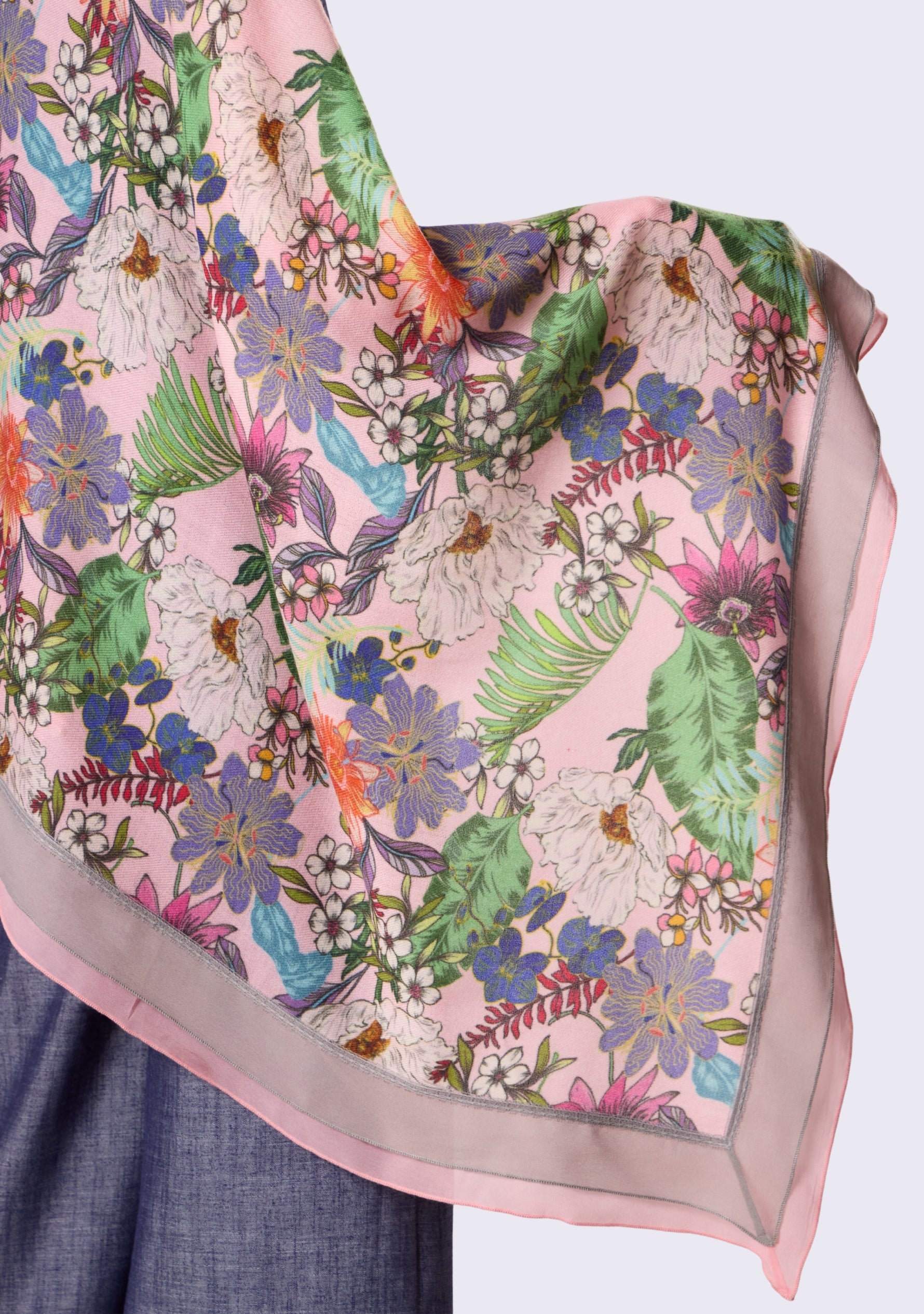 Pink Botanical Print Wool & Silk Scarf Pink & Mousse Double Georgette Border