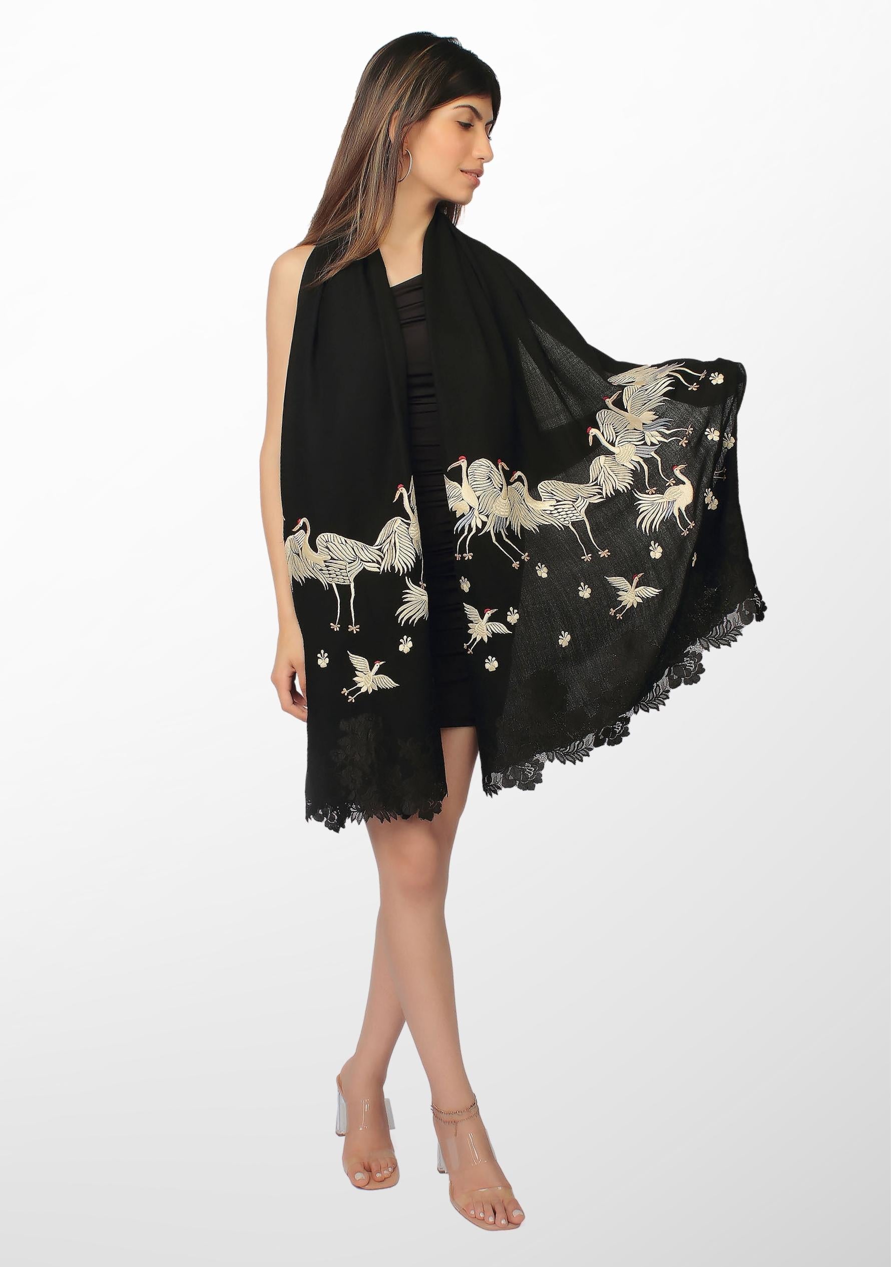 Black Cashmere Scarf with Beige Embroidery and Black Chantilly Lace Pallas