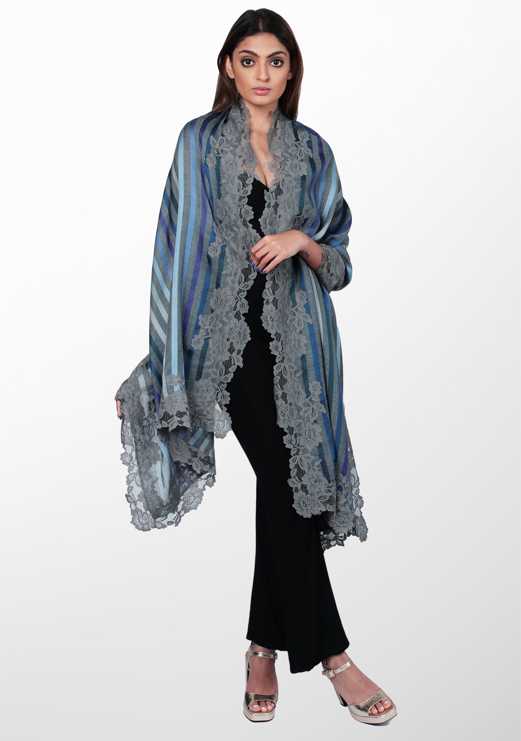 Grey Wool and Silk Multi-Blue Striped Scarf with Grey Floral Lace Border