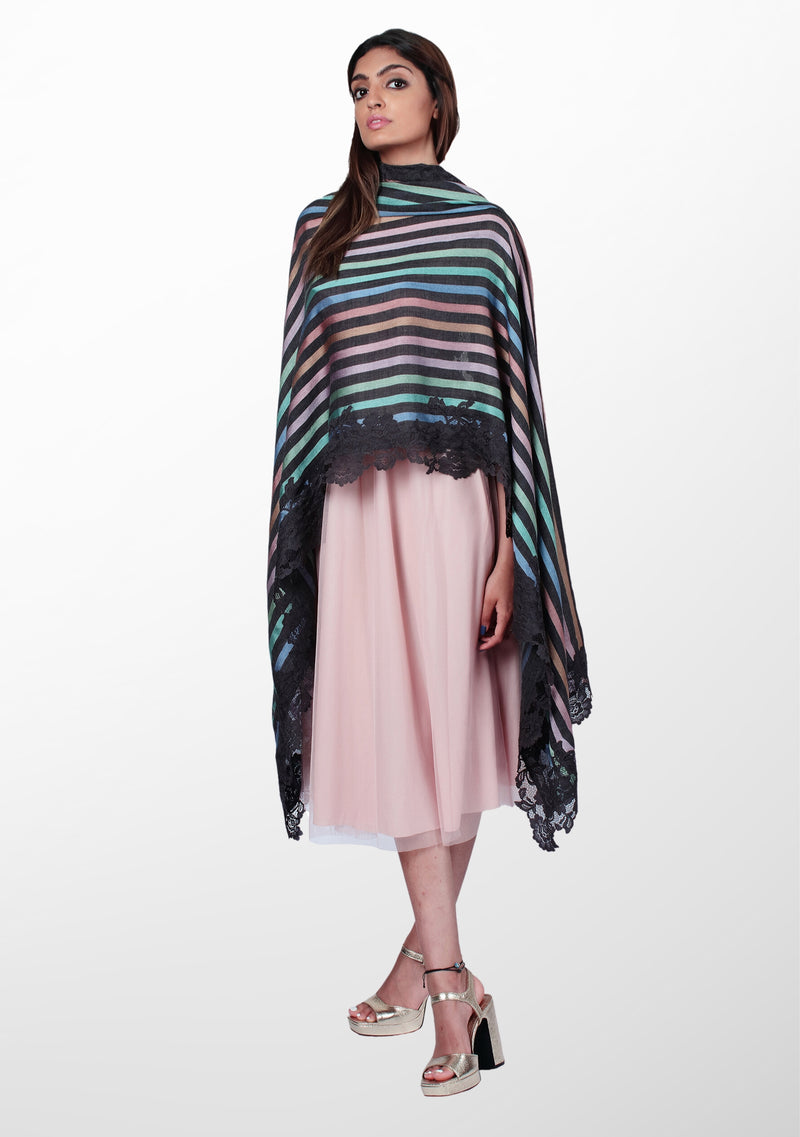 Charcoal Pastel Wool and Silk Multi-Pastel Striped Scarf with Charcoal Floral Lace Border